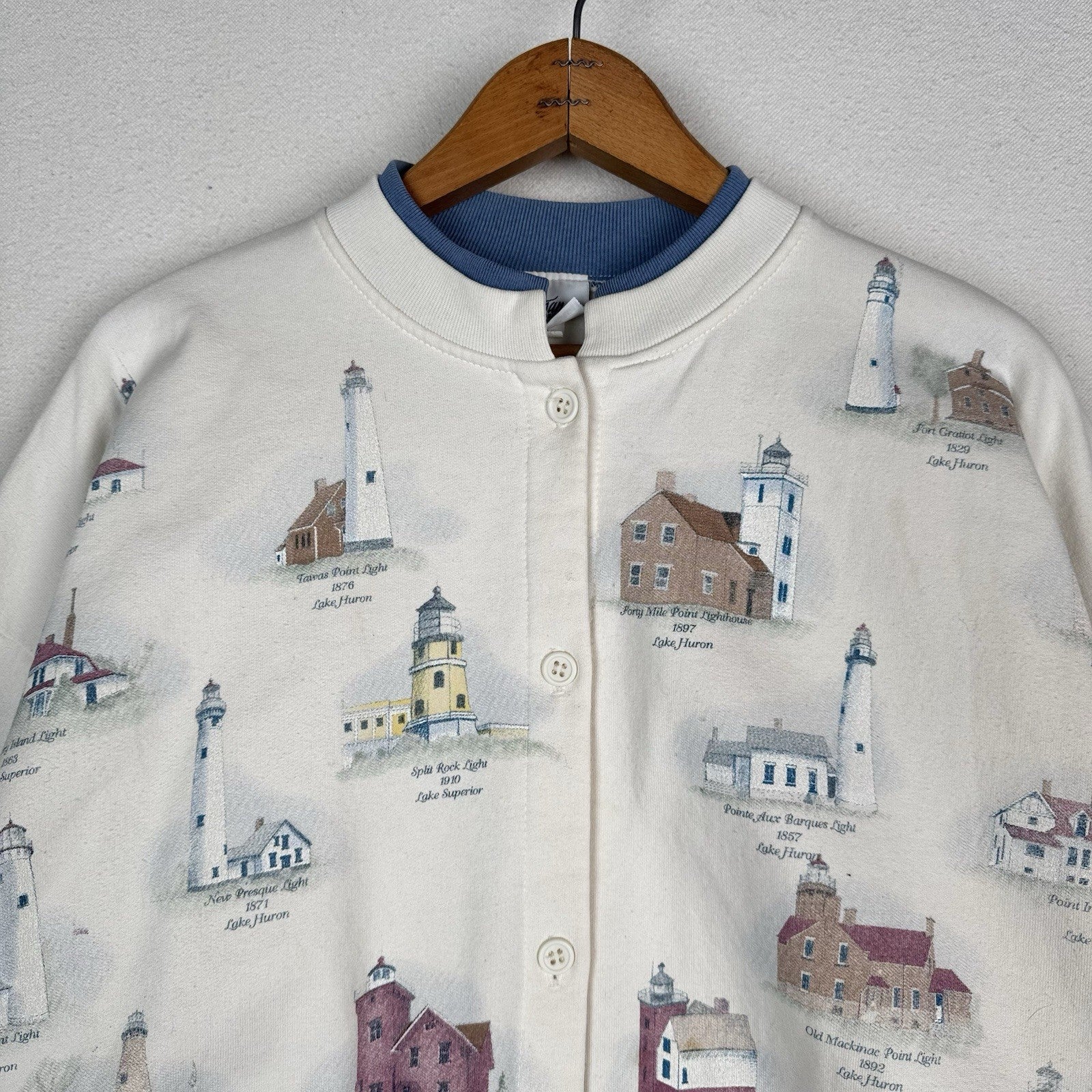 Vtg Artisan Cardigan Lighthouse Beach Sweatshirt Great Lake Pockets 2XL Made USA