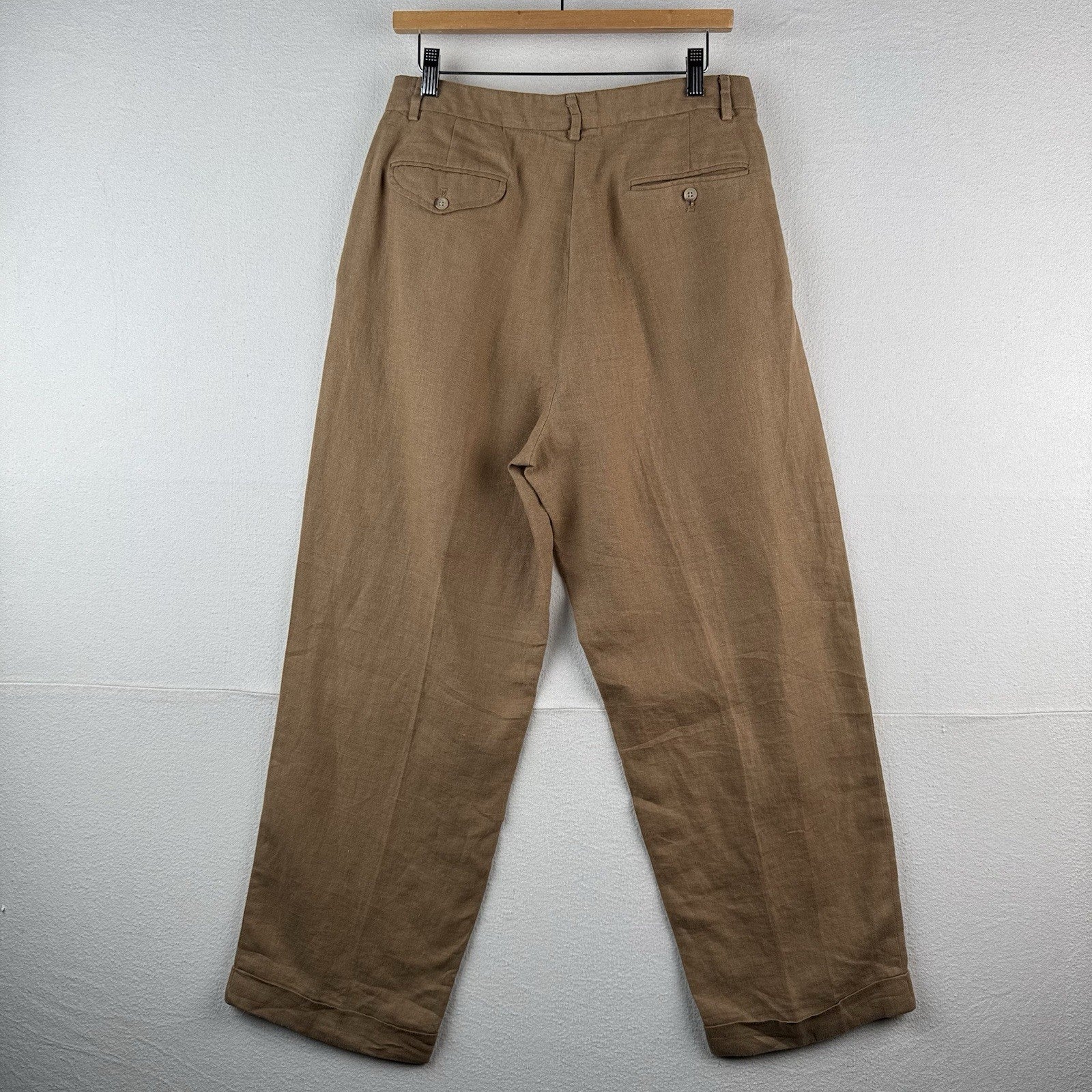 Vtg Polo Ralph Lauren Brown 100% Linen Pleated Cuffed Dress Pants Fits 30x27