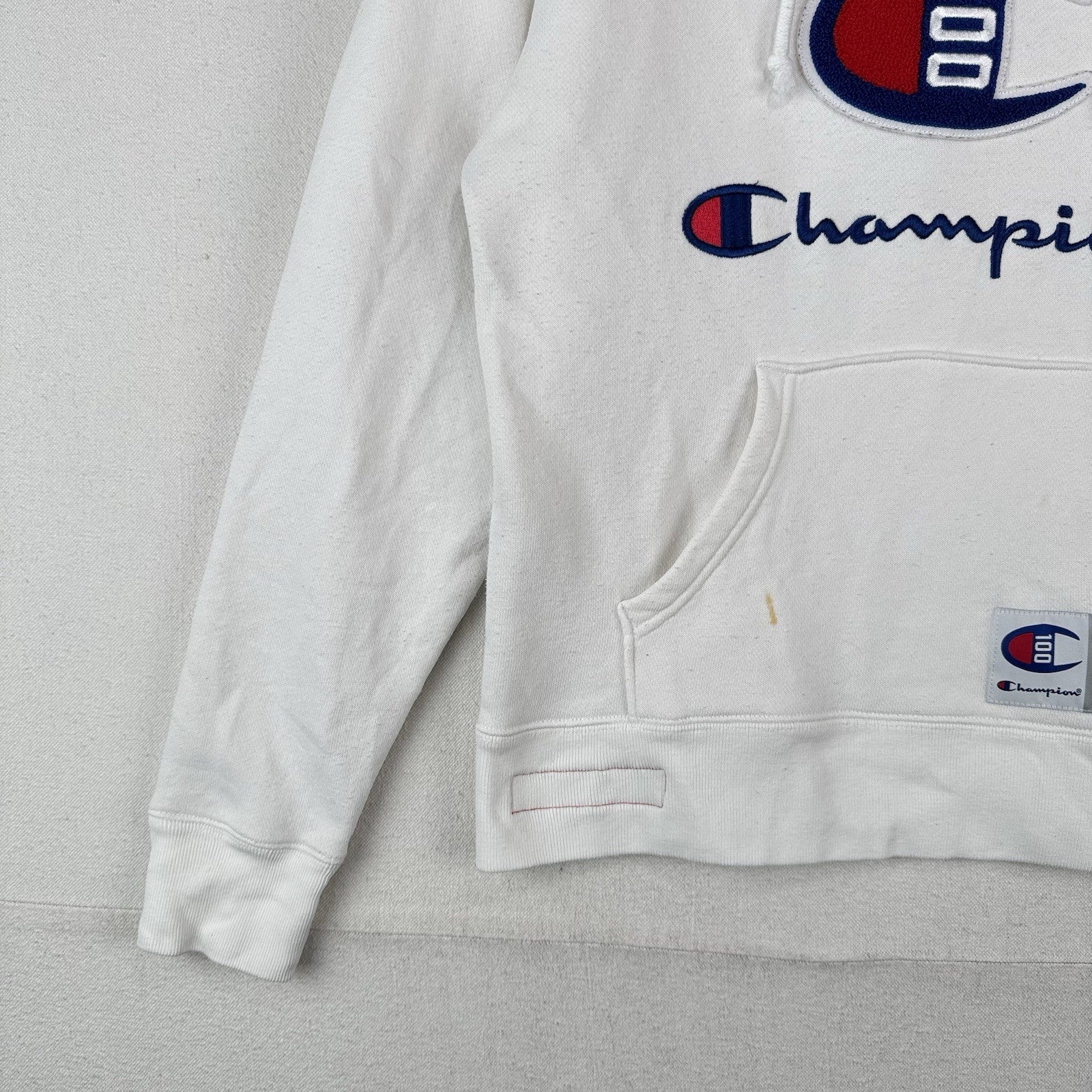 Champion White Century Collection C100 Chenille Logo Hoodie Men’s Small *Read
