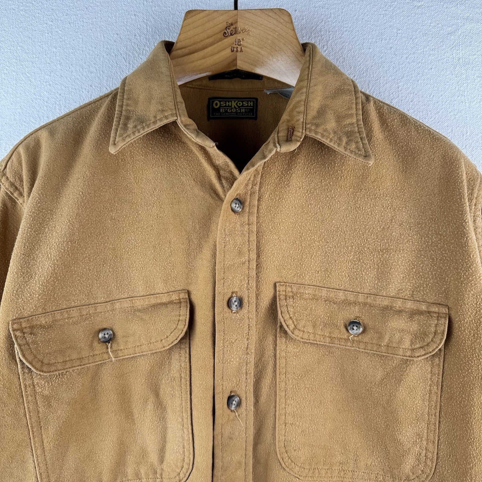80’s Vtg OshKosh Bgosh Shirt Mens L Camel Tan Chamois Flannel Button USA Made