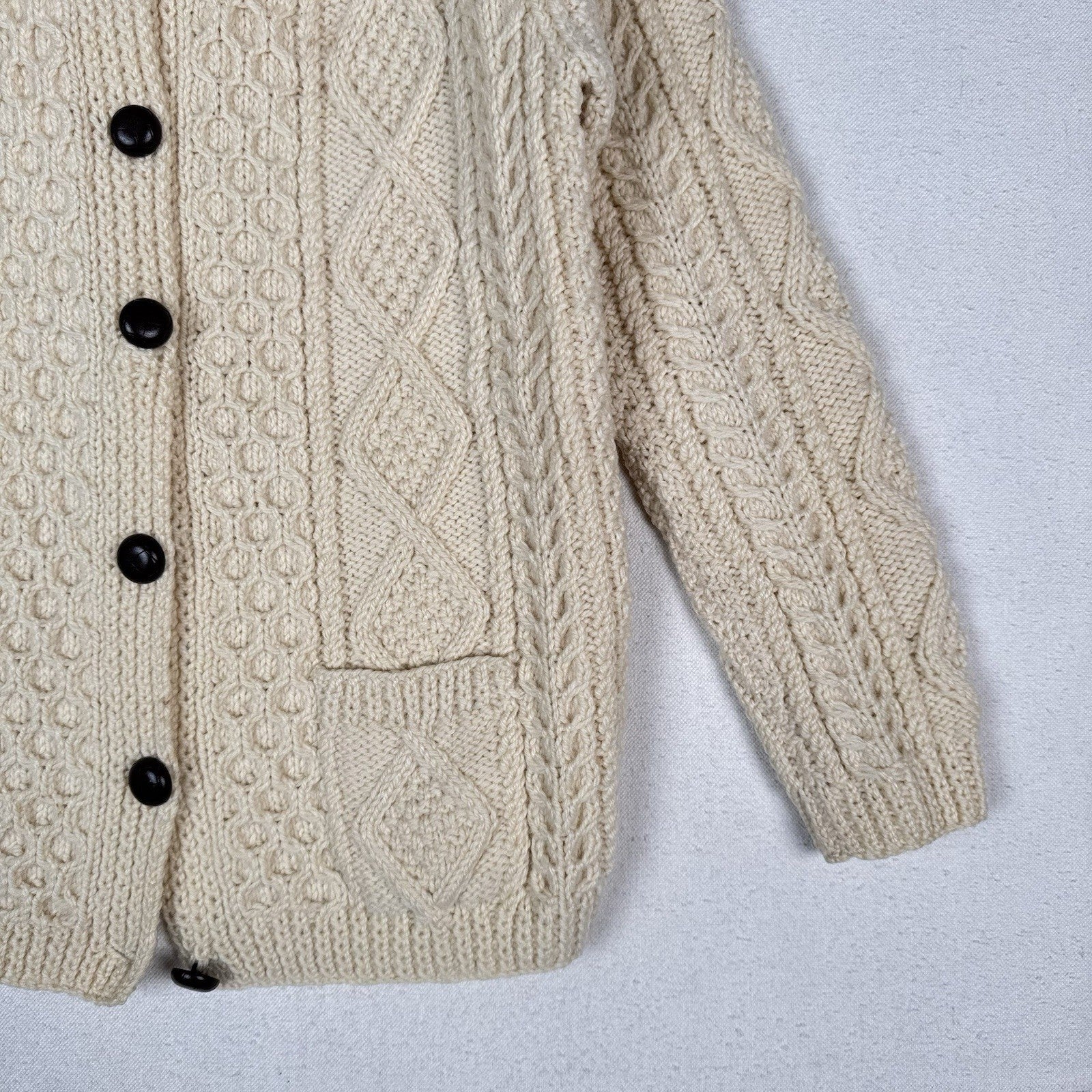 Carraig Donn Aran Cardigan Sweater Small/Med Ireland Wool Cable Knit Ivory