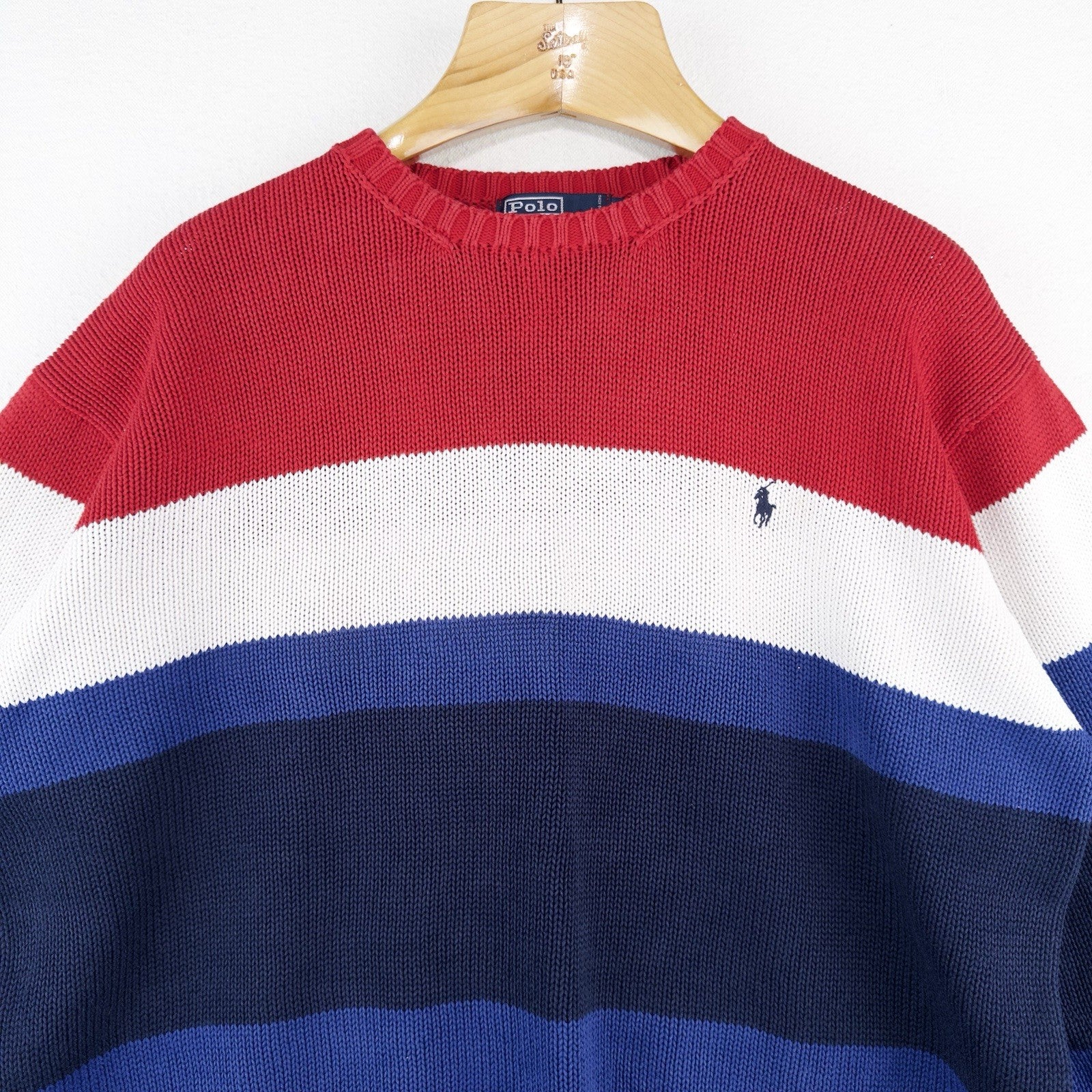 90’s Vtg Polo Ralph Lauren Red White Blue Striped Knitted Sweater Men’s L *Read