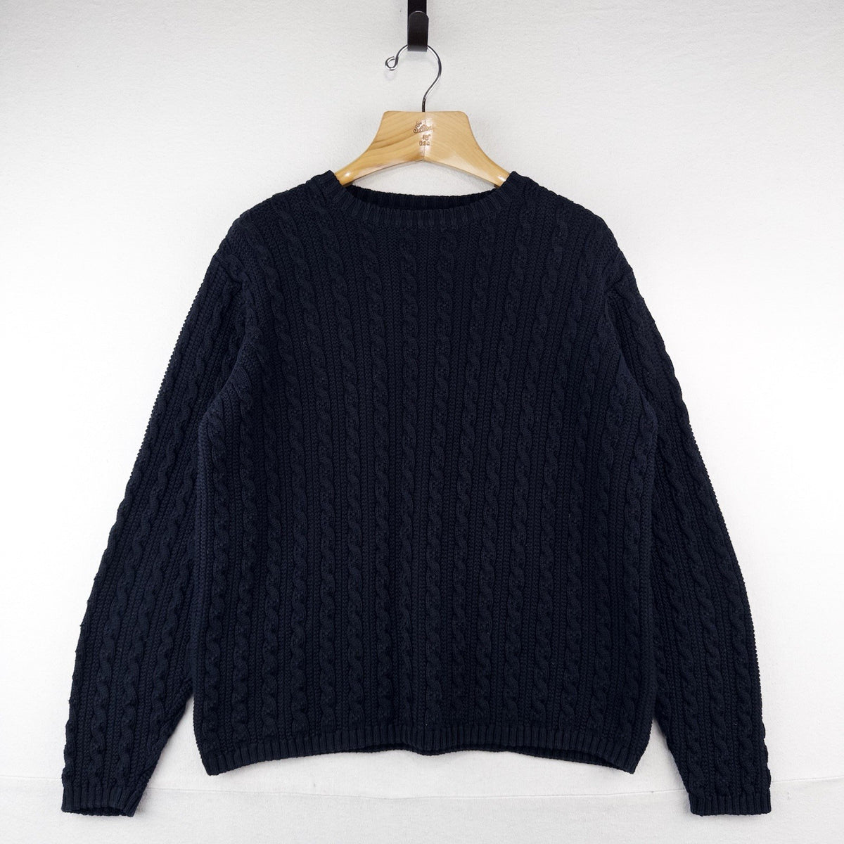 80’s Vtg Lands End Sweater Womens L 14-16 Blue Fisherman Cable Knit Pullover USA