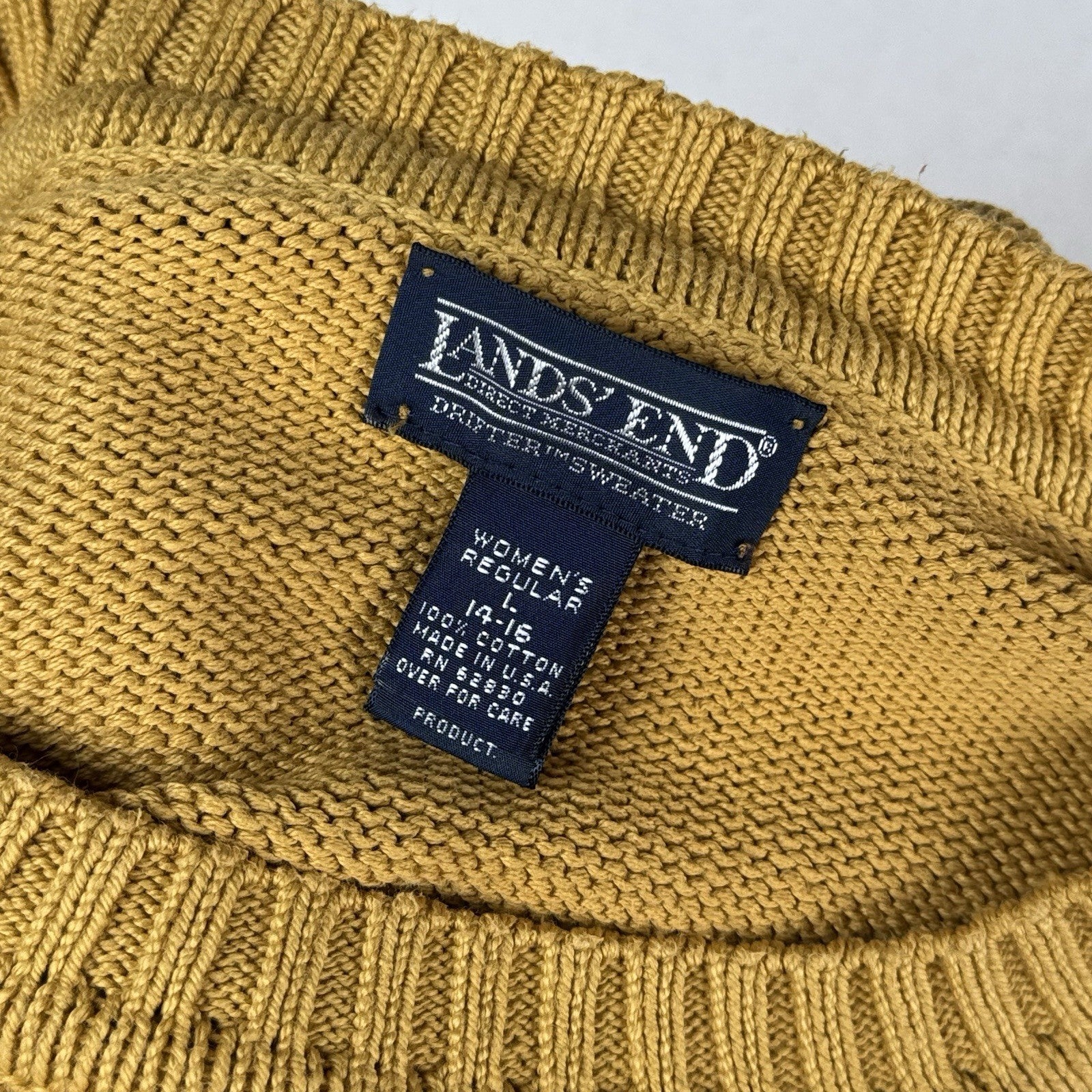 Lands End Womens Crewneck Sweater Yellow Size Large 14-16 Midweight Cotton USA