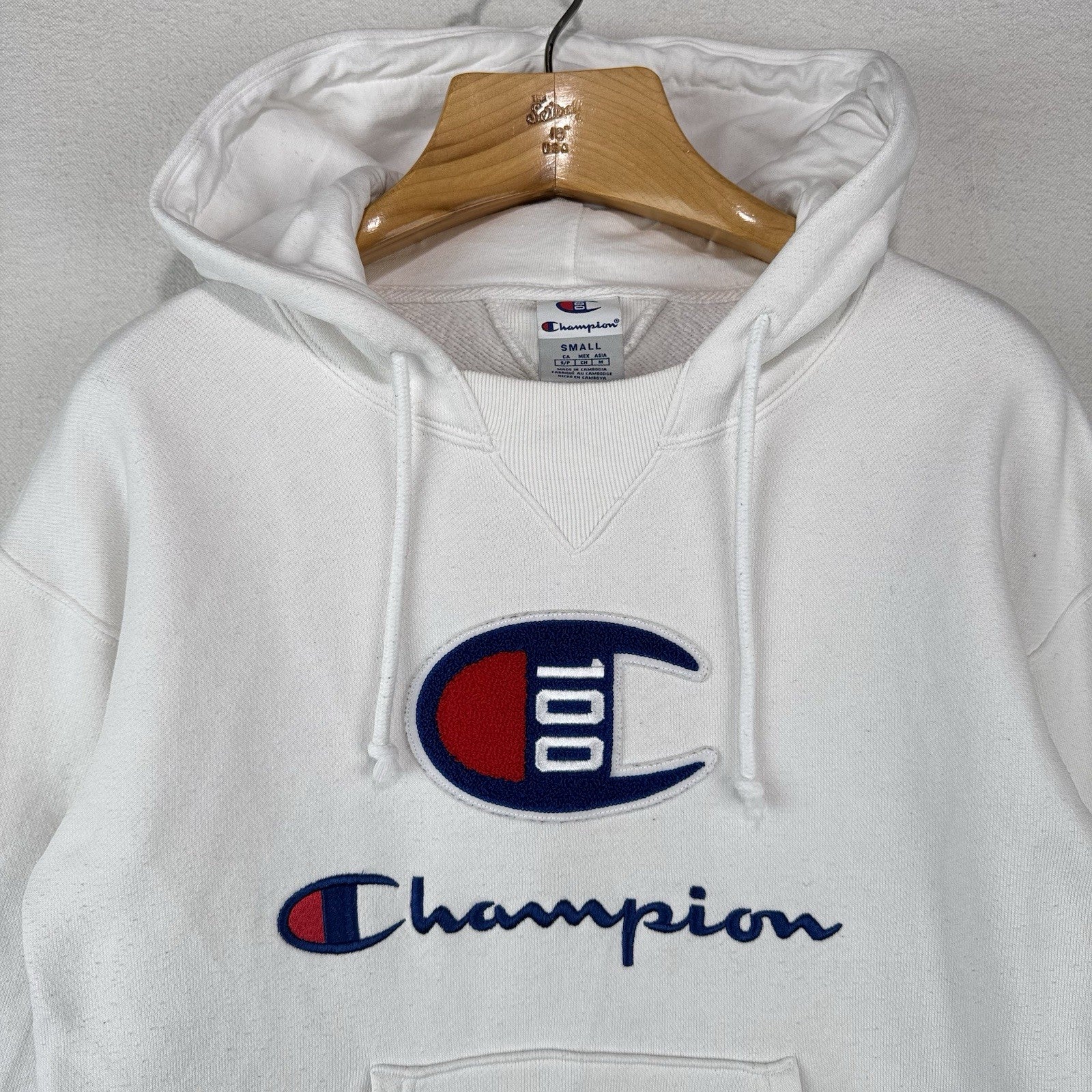Champion White Century Collection C100 Chenille Logo Hoodie Men’s Small *Read