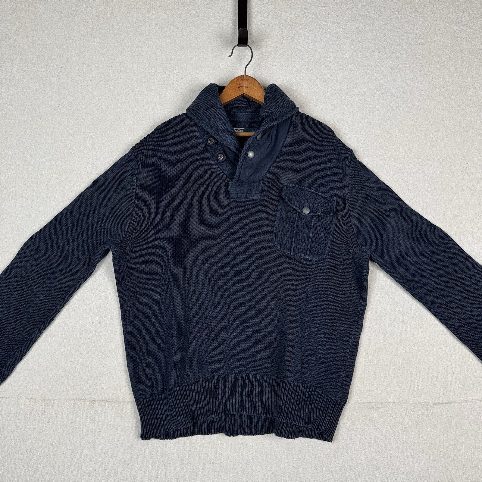 Vintage Polo Ralph Lauren Shawl Collar Sweater Men’s XL Blue Linen Cotton Blend