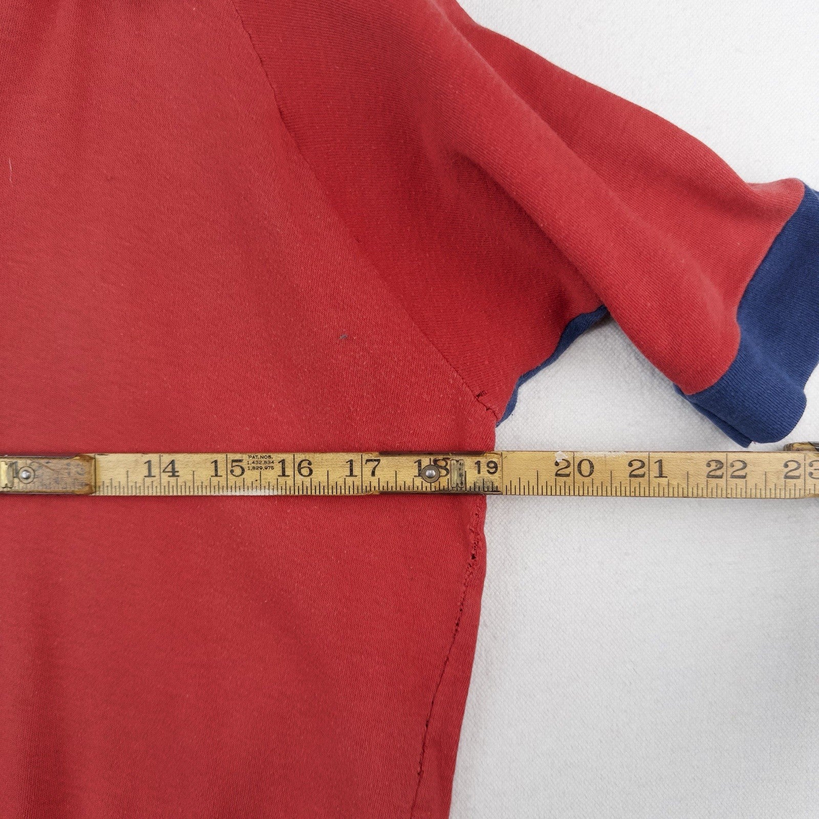 70's Vtg Raglan Polo Shirt Red Blue Color Block Johnny Collar V-Neck *Distressed