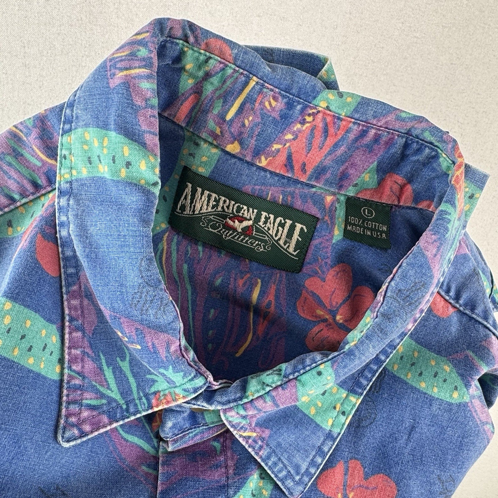90's Vtg American Eagle Hawaiian Shirt Men's L Oversized Floral Made In USA Rare