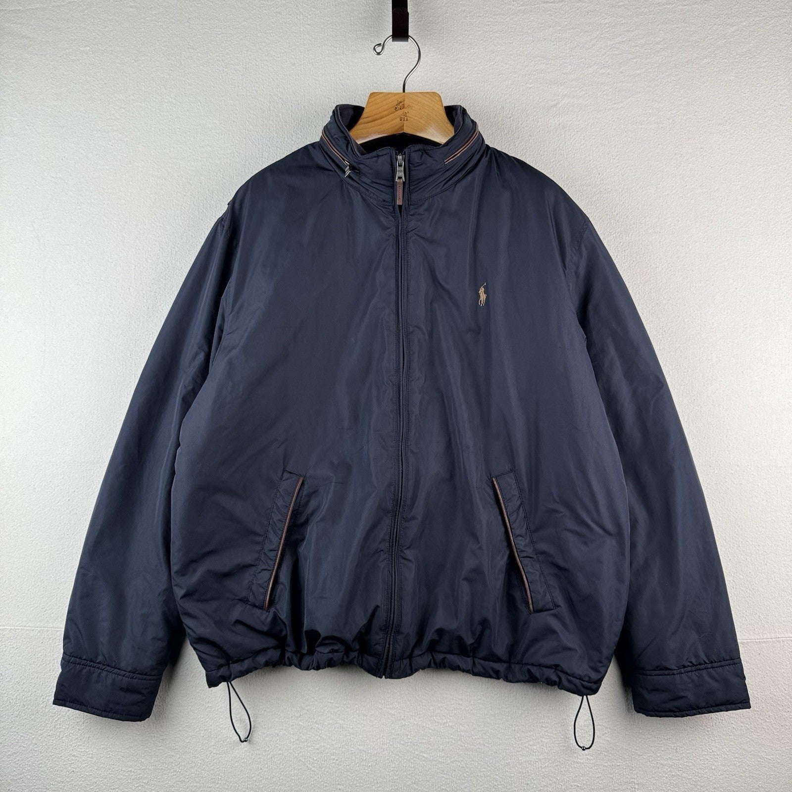 90's Vtg Polo Ralph Lauren Jacket Men XL Navy Leather Trim Lined Stowaway Hood