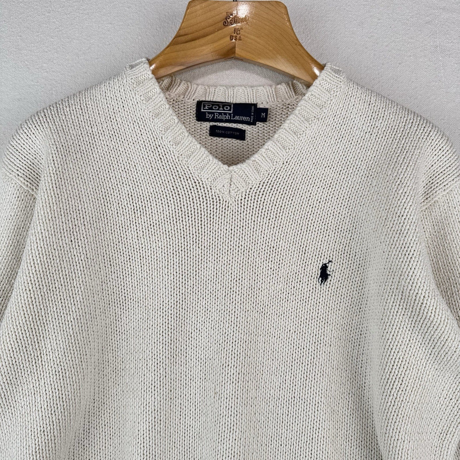 90s Vtg Polo Ralph Lauren Sweater Men's M Cream 100% Cotton V-Neck Navy Pony