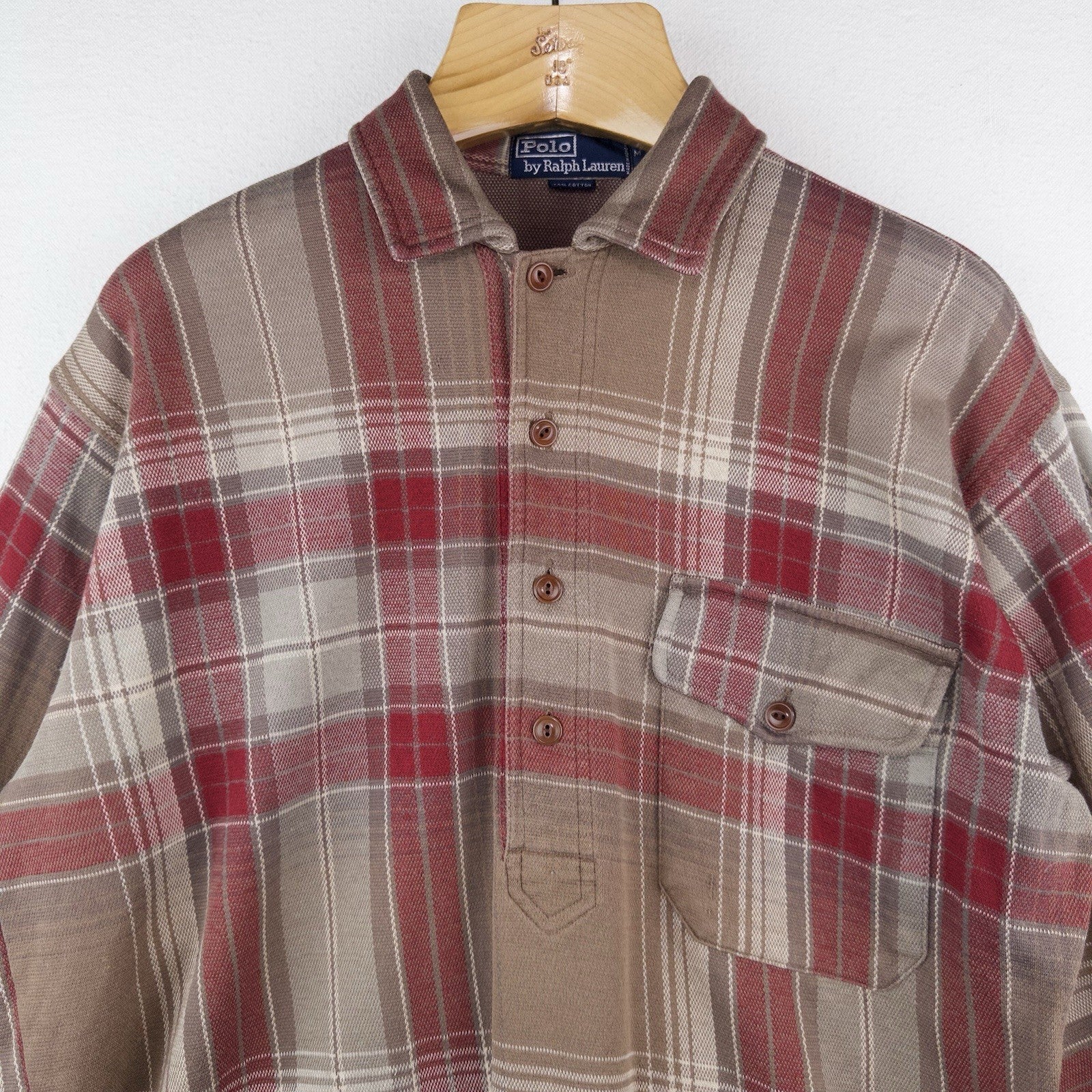 90’s Vtg Polo Ralph Lauren Men’s M Tan Brown Plaid Half Button Popover Shirt