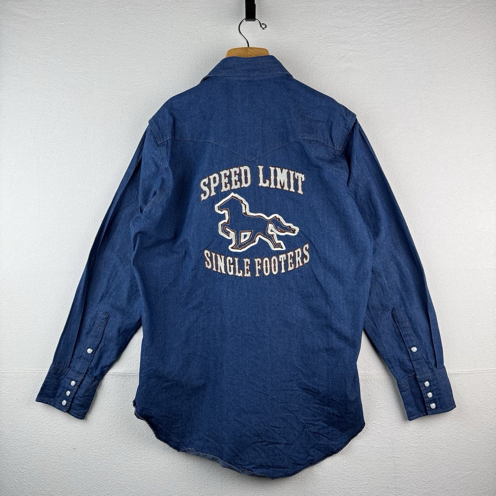 Vtg Wrangler Western Denim Pearl Snap Men’s Large Embroidered Speed Limit