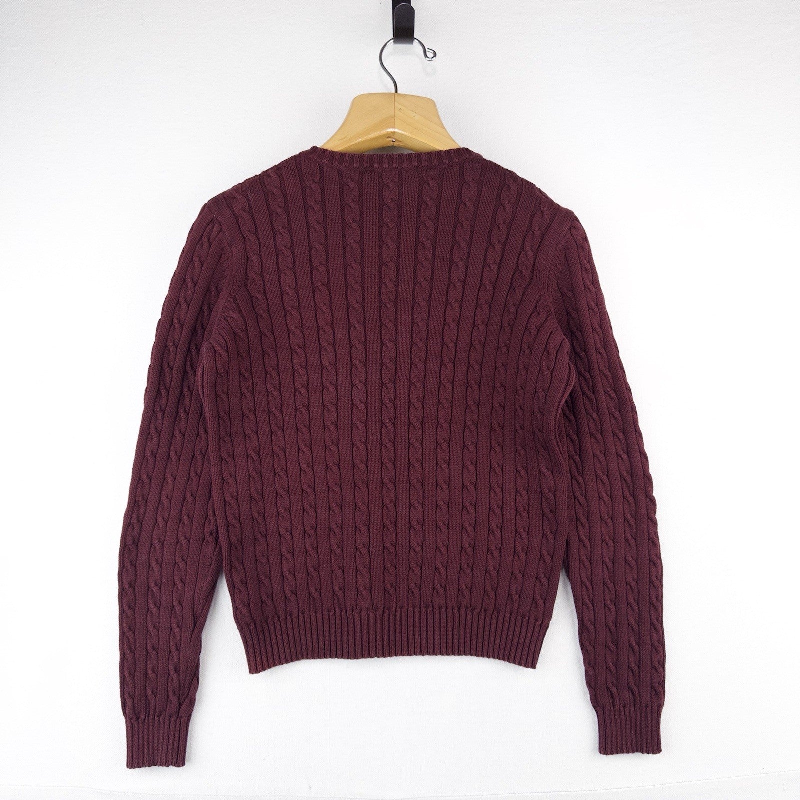 Ralph Lauren LRL Womens Small Maroon 100% Cotton Sweater 3D Cable Knit Crewneck