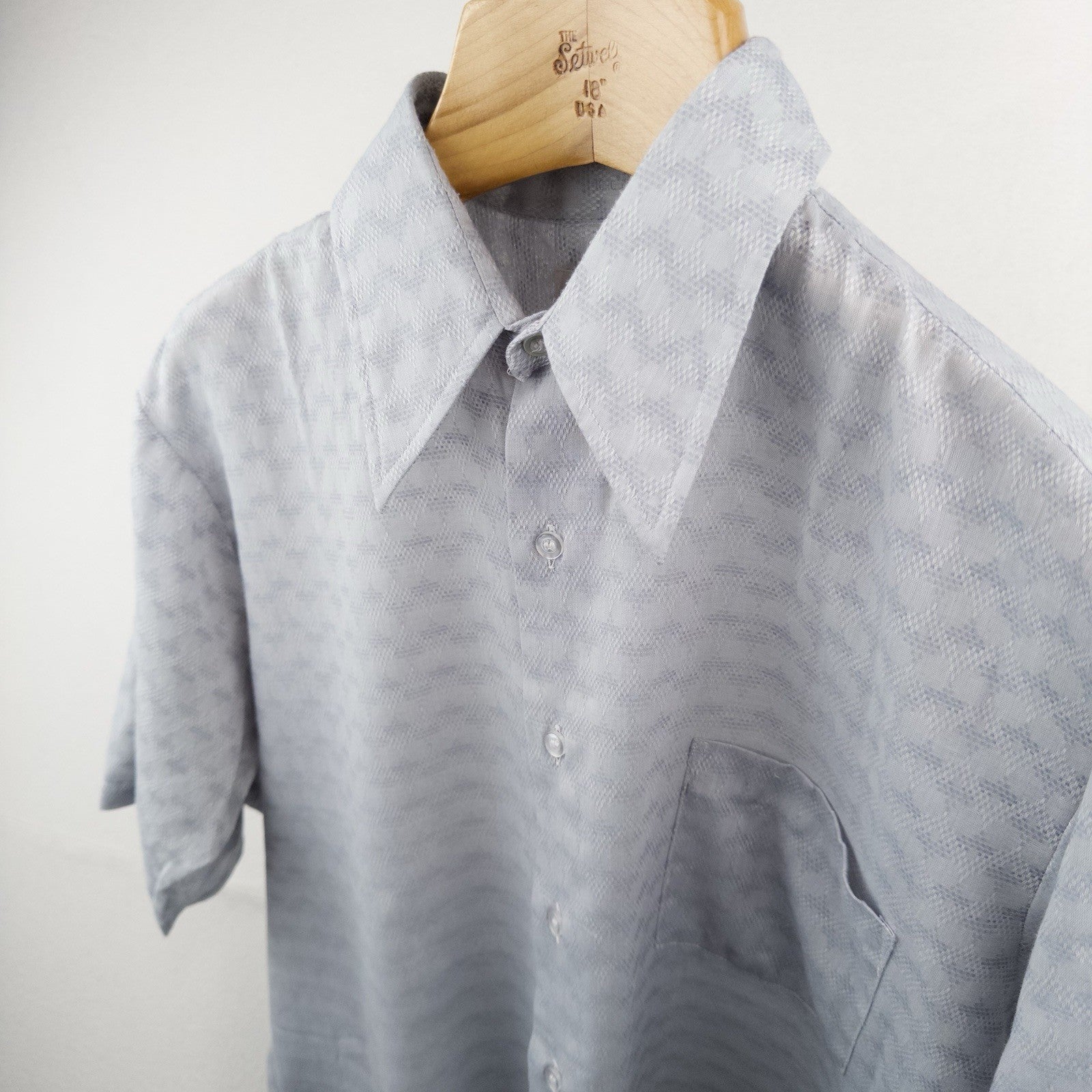 70’s Vtg Manhattan Torque 16.5 M Blue Button Down Shirt Lightweight Jacquard