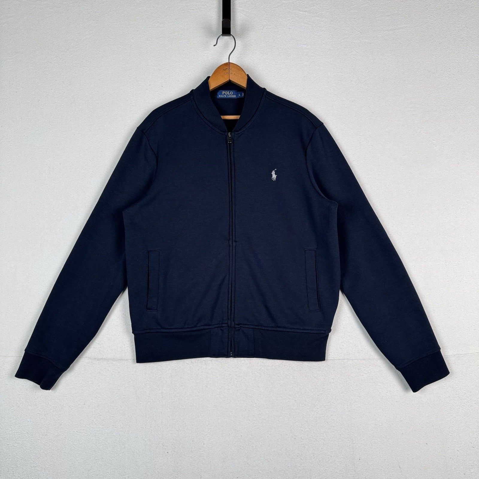 Polo Ralph Lauren Mens Double Knit Full-Zip Sweater Bomber Jacket Size L Blue