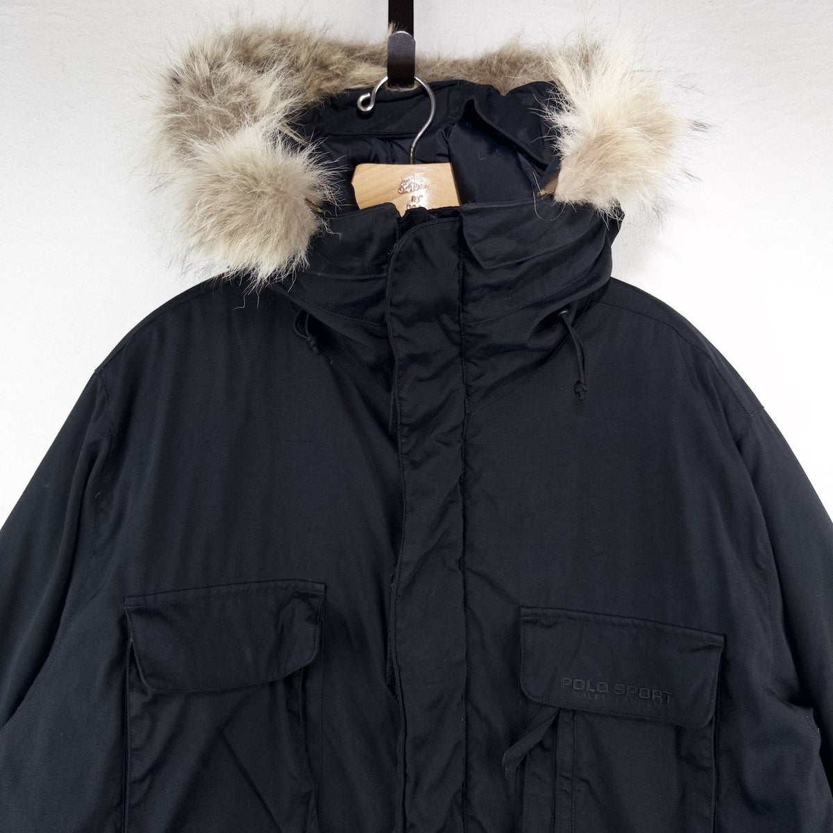 90’s Vtg Polo Sport Ralph Lauren Men’s L Black Down Parka Jacket Coyote Fur Trim