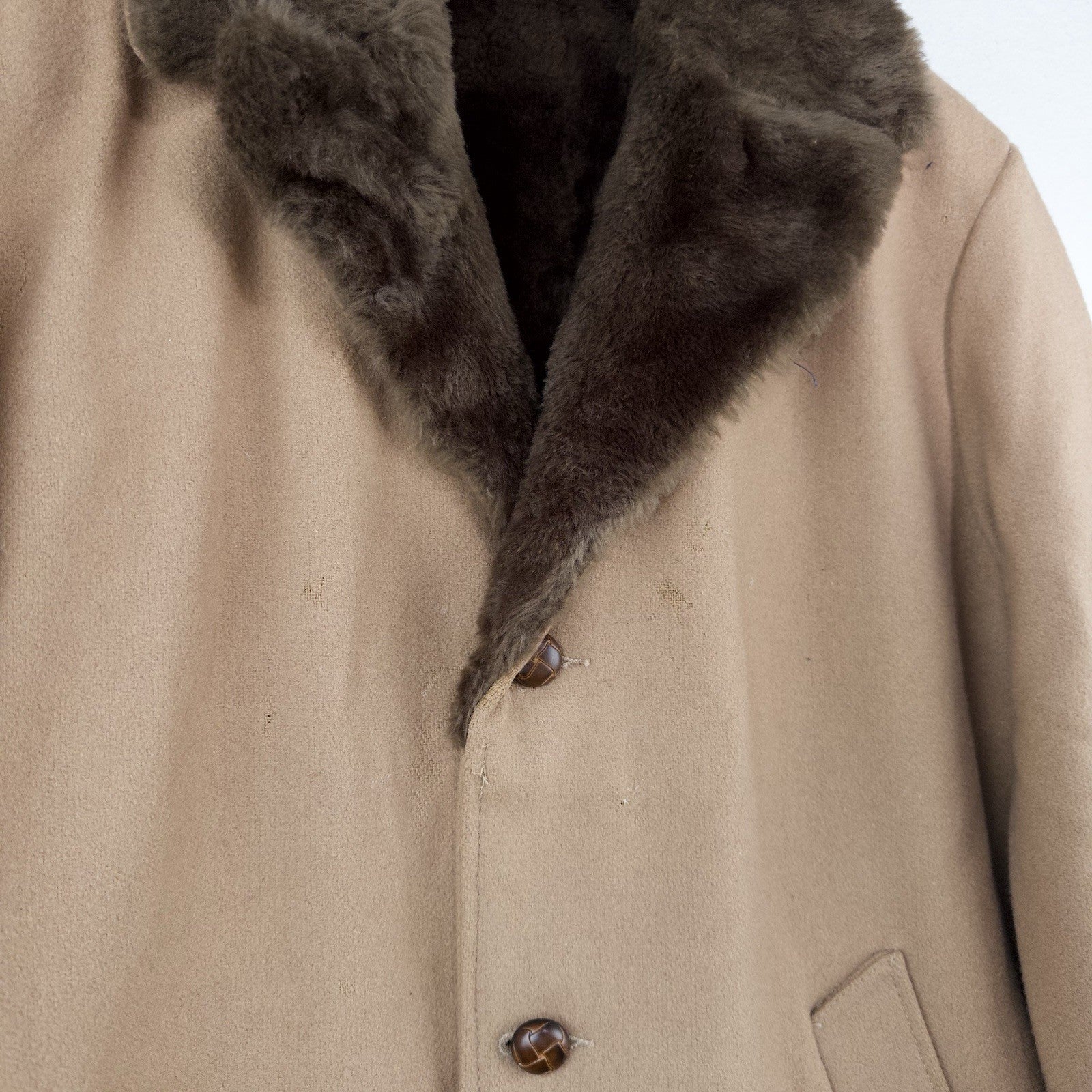 70’s Vtg Wool Men’s L/XL 44 Car Coat Overcoat Camel Brown Faux Fur Lining Collar