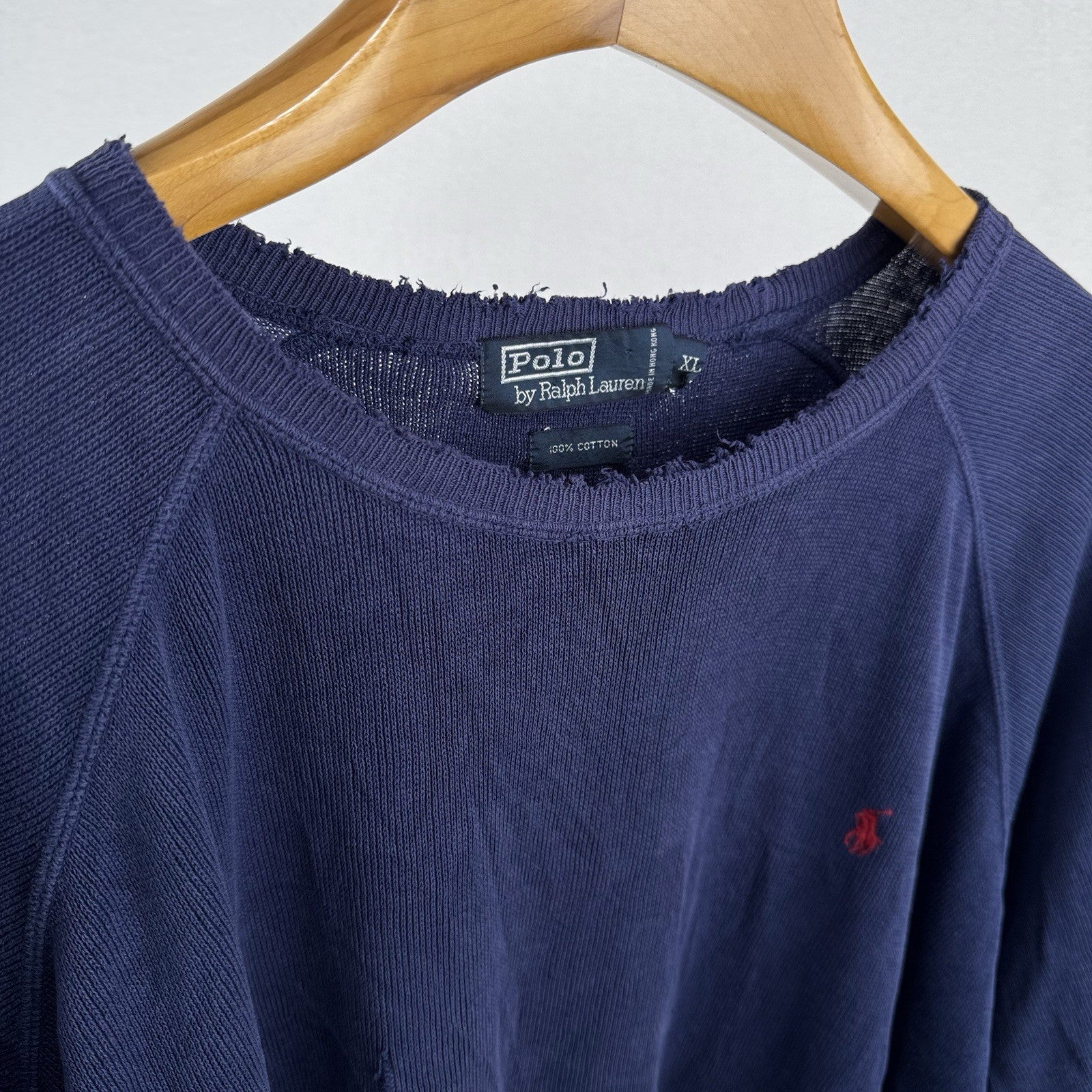 90’s Vtg Polo Ralph Lauren Raglan Short Sleeve Sweatshirt Blue XL *Distressed