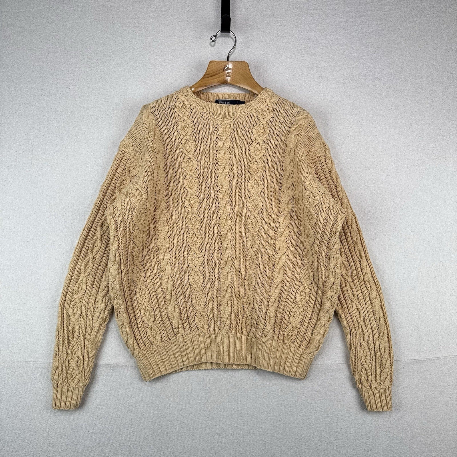 90’s Vtg Polo Ralph Lauren Mens L  Hand Knit Fisherman Cable Sweater Linen Blend