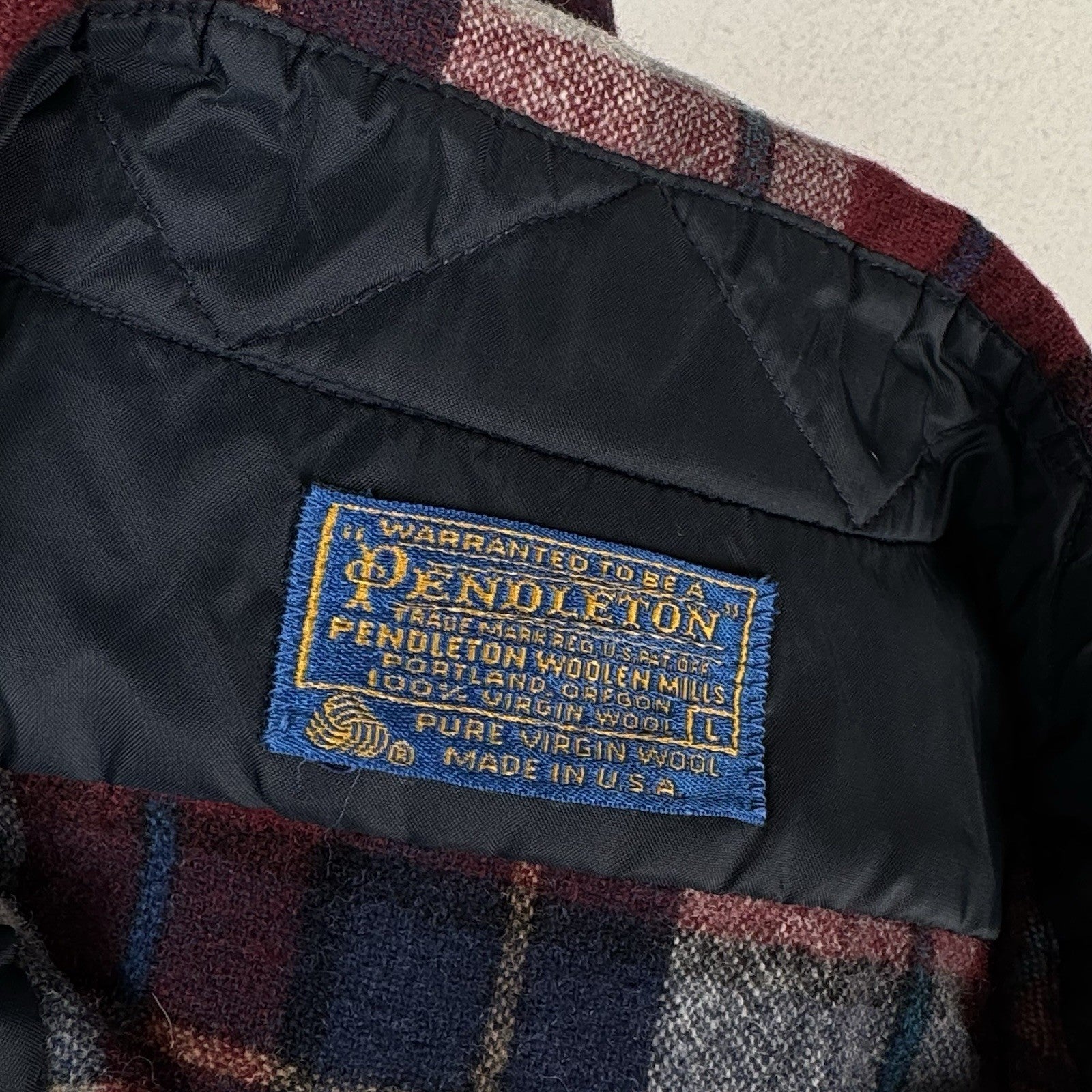 Vintage Pendleton 100% Virgin Wool Board Shirt Red White Blue Plaid Men's Large