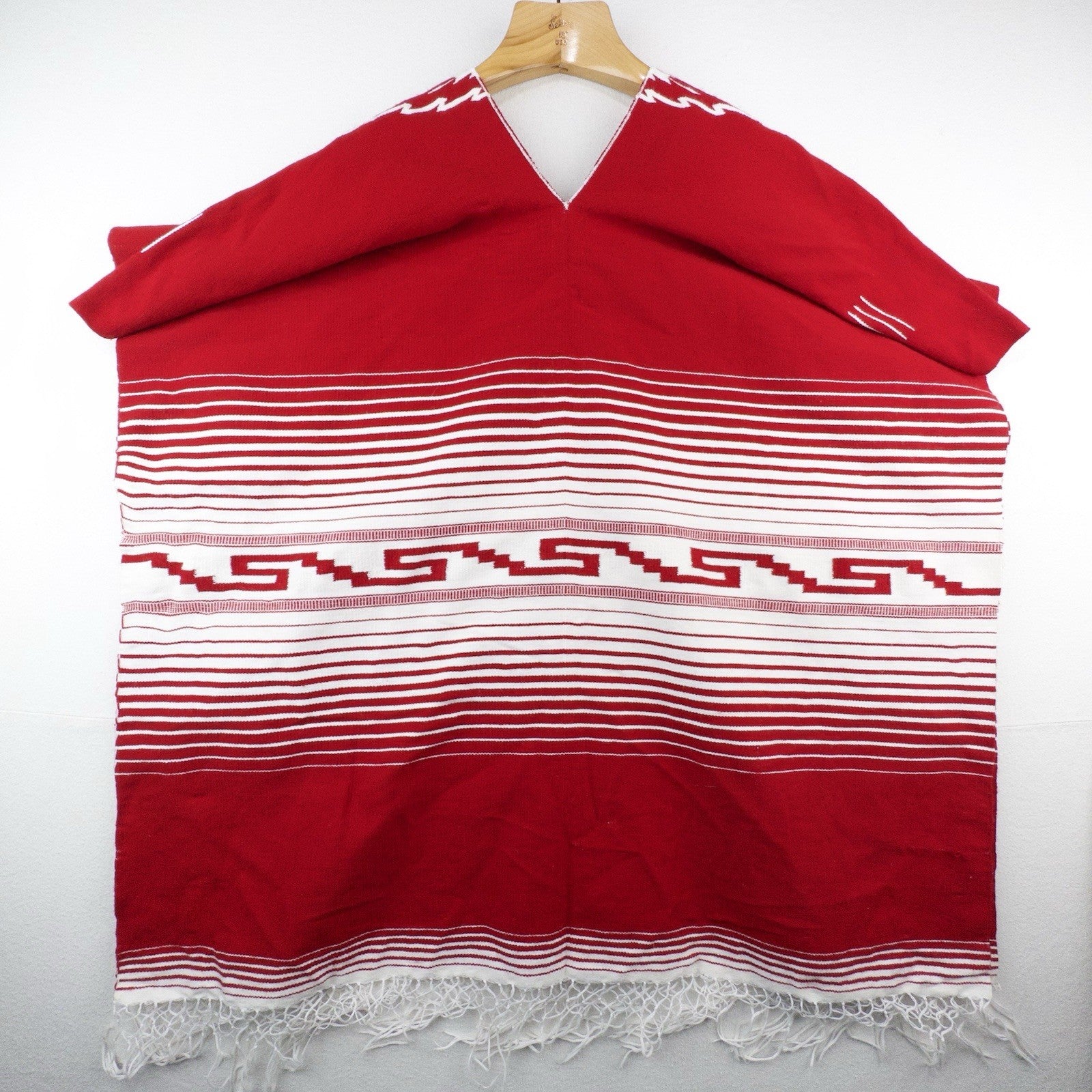 Vtg Mexican Handwoven Fringed Over The Head Poncho Wool Blend Boho Red White