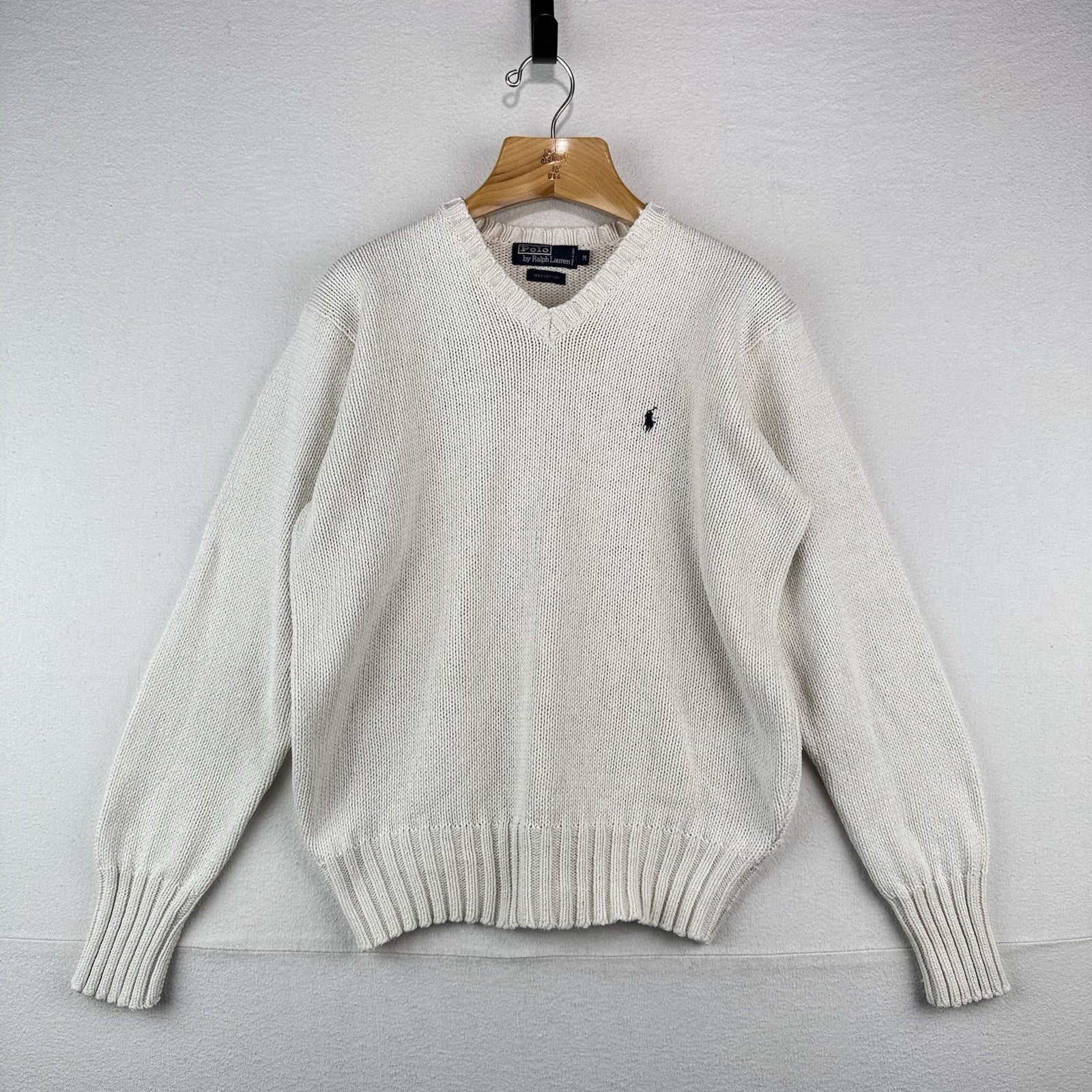 90s Vtg Polo Ralph Lauren Sweater Men's M Cream 100% Cotton V-Neck Navy Pony