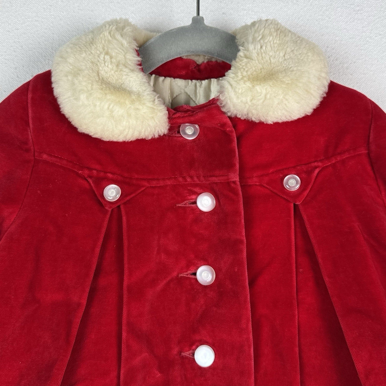 Vintage 60’s 70’s Red Velvet Swing Coat Fur Collar Made In Canada 3T Toddler