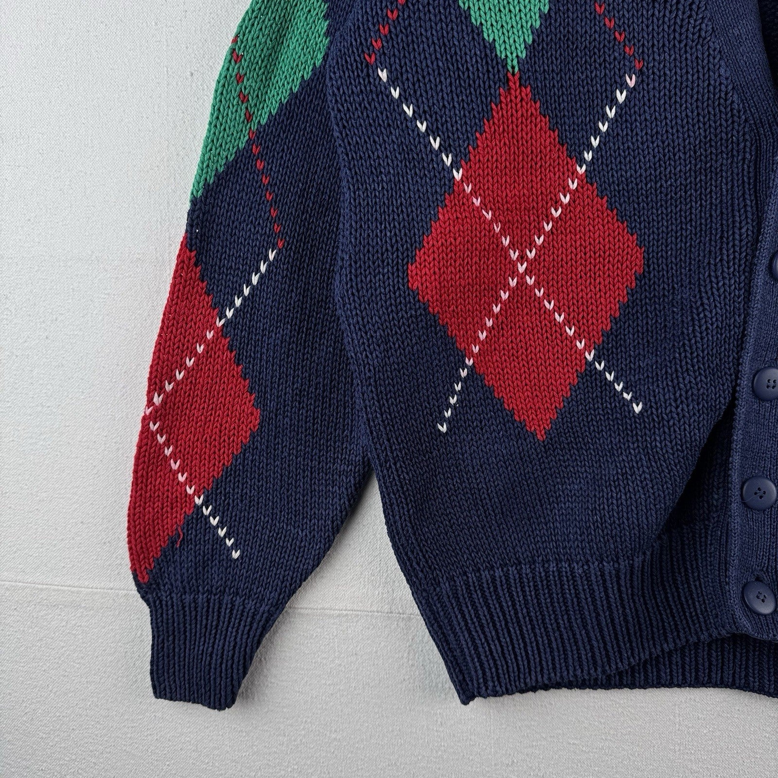 80’s Vintage Argyle Cardigan Sweater Blue Diamond Knit Unisex Medium