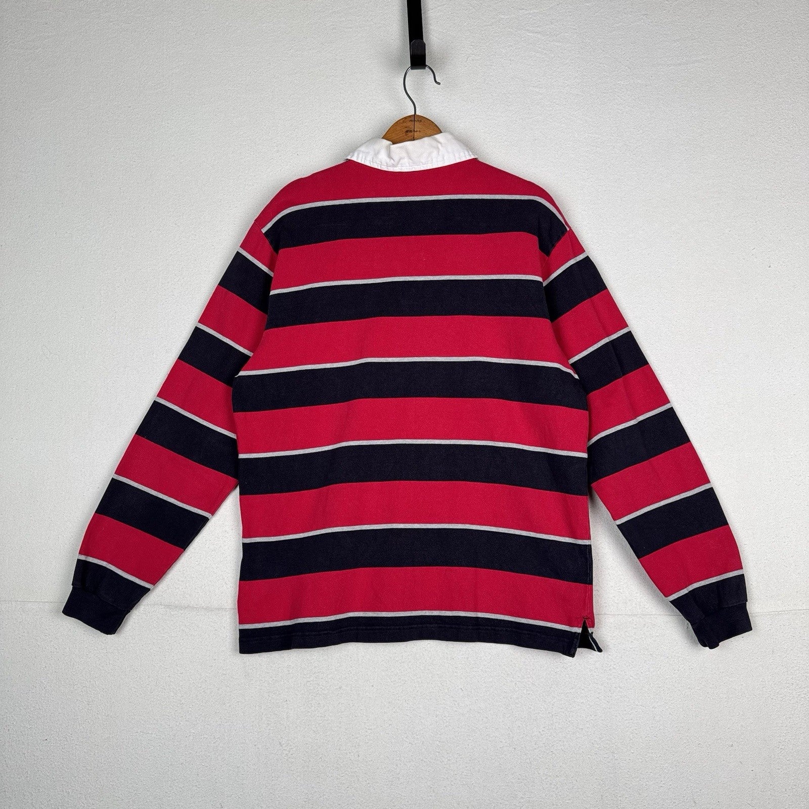 Vintage Lands End Rugby Shirt Mens Large 42-44 Red Blue Gray Striped Polo