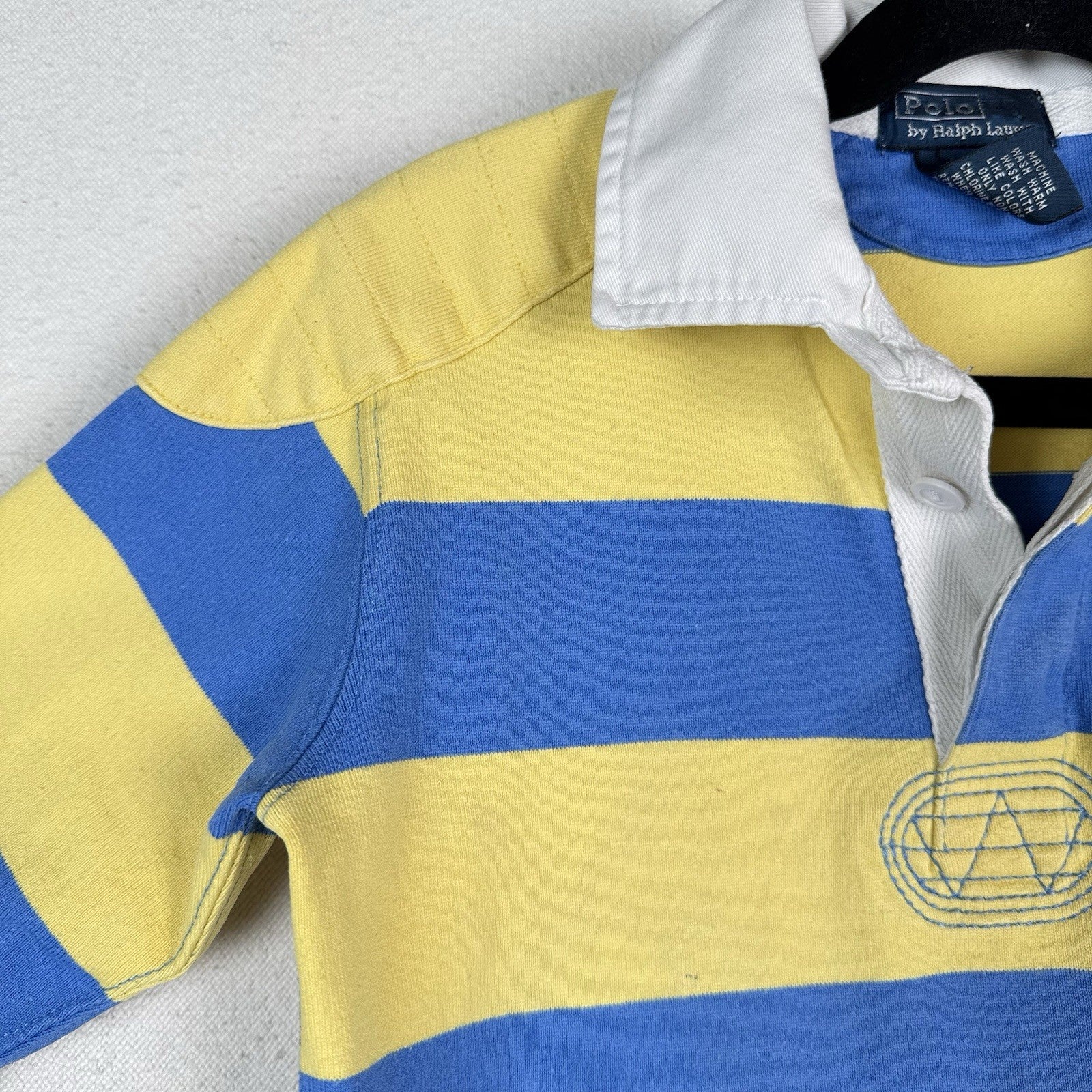 Polo Ralph Lauren Size 5 Rugby Blue Yellow Stripe Quilted Shoulder Elbows *Read