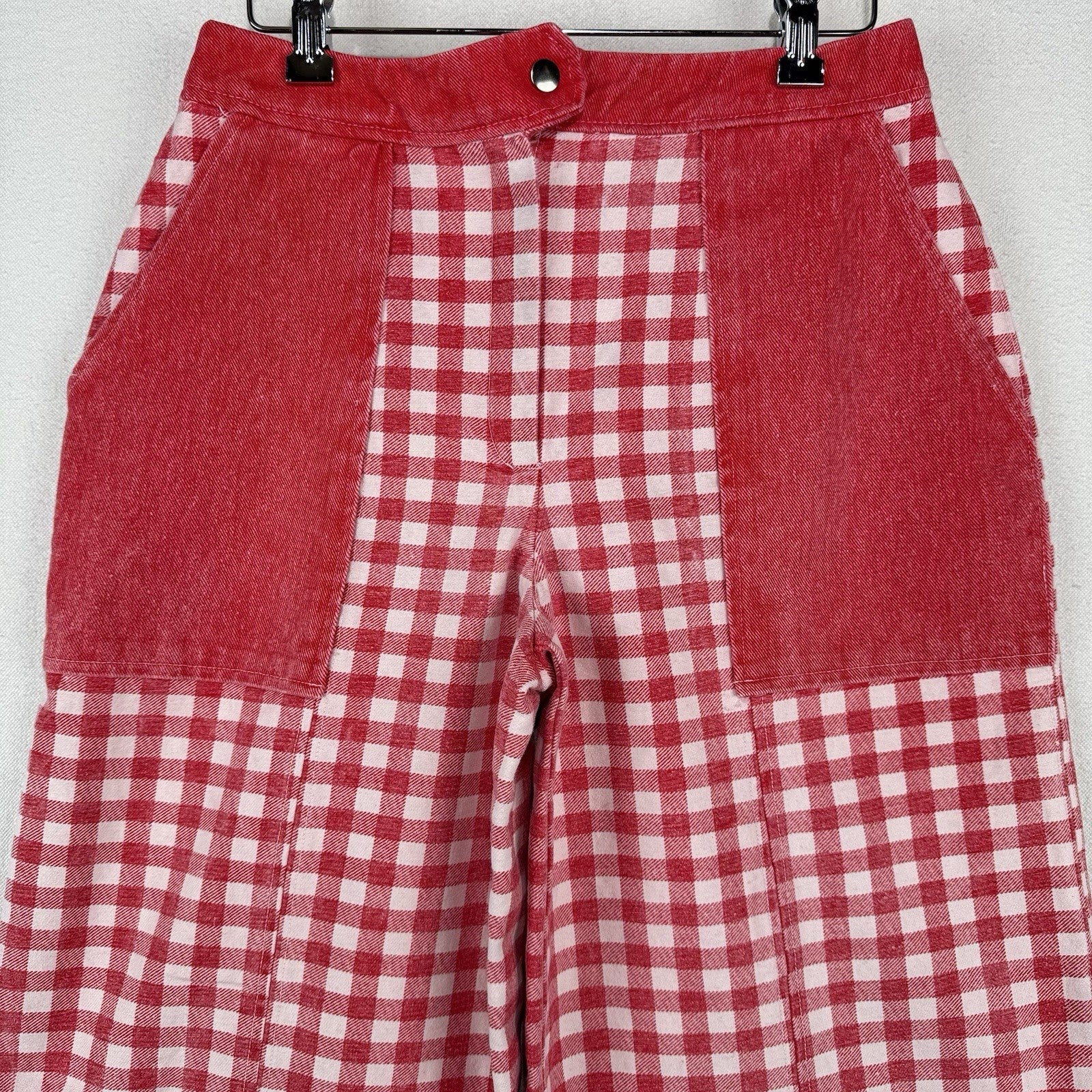 Vtg Gingham Womens 28x30 Wide 13” Leg High Waist Pants Red & White Patch Pockets