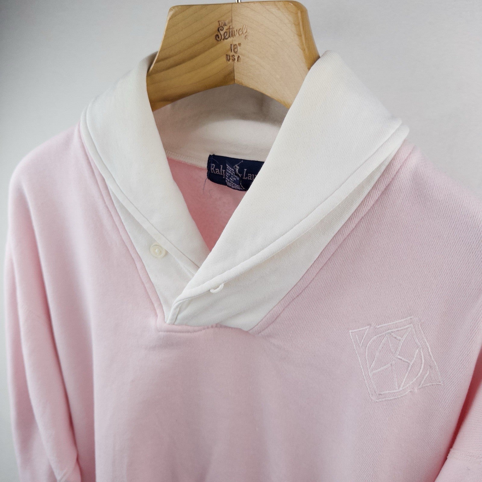 90s Ralph Lauren Womens Small Pink White Shawl Collar Fleece Pullover Sweatshirt