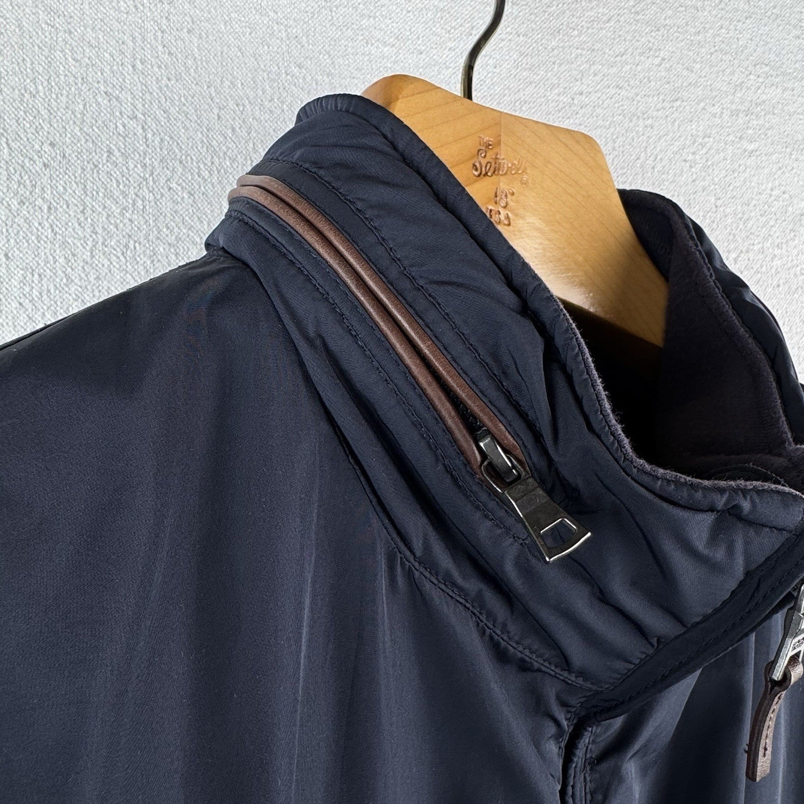 90's Vtg Polo Ralph Lauren Jacket Men XL Navy Leather Trim Lined Stowaway Hood