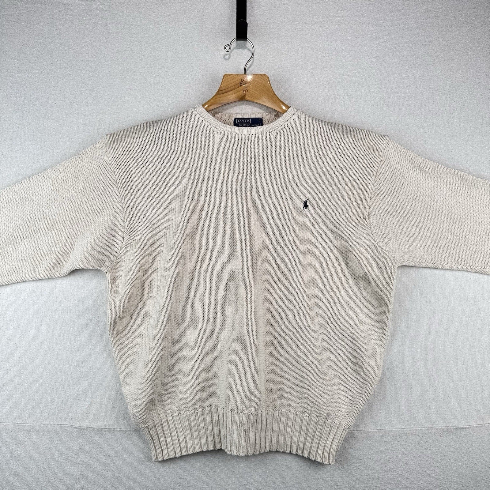 90s Vtg Polo Ralph Lauren Sweater Men's 2XL Cream 100% Cotton Crewneck Navy Pony