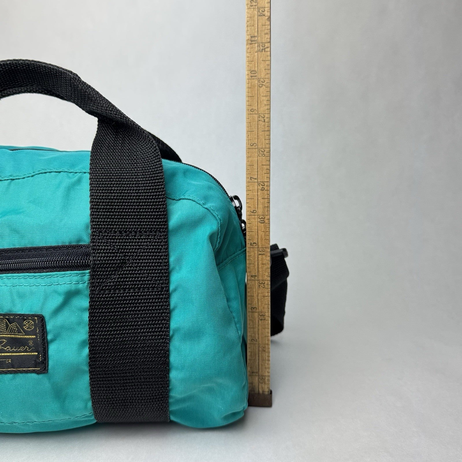 Vintage Eddie Bauer Small Canvas Duffle Bag Hand Tote Green w/Strap 14”x7”x8”