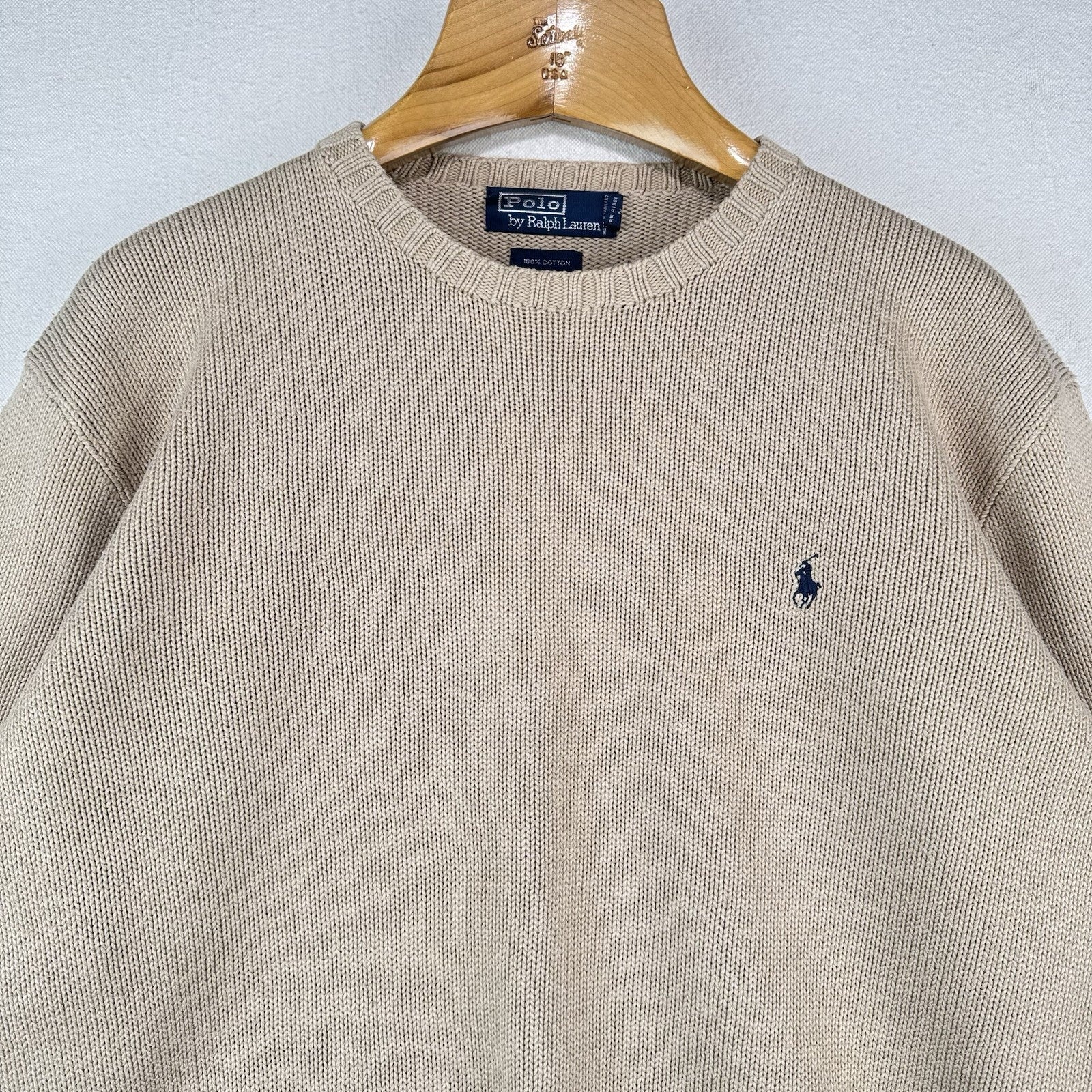 90’s Vintage Polo Ralph Lauren Men’s L Tan Camel Brown Knit Sweater 100% Cotton