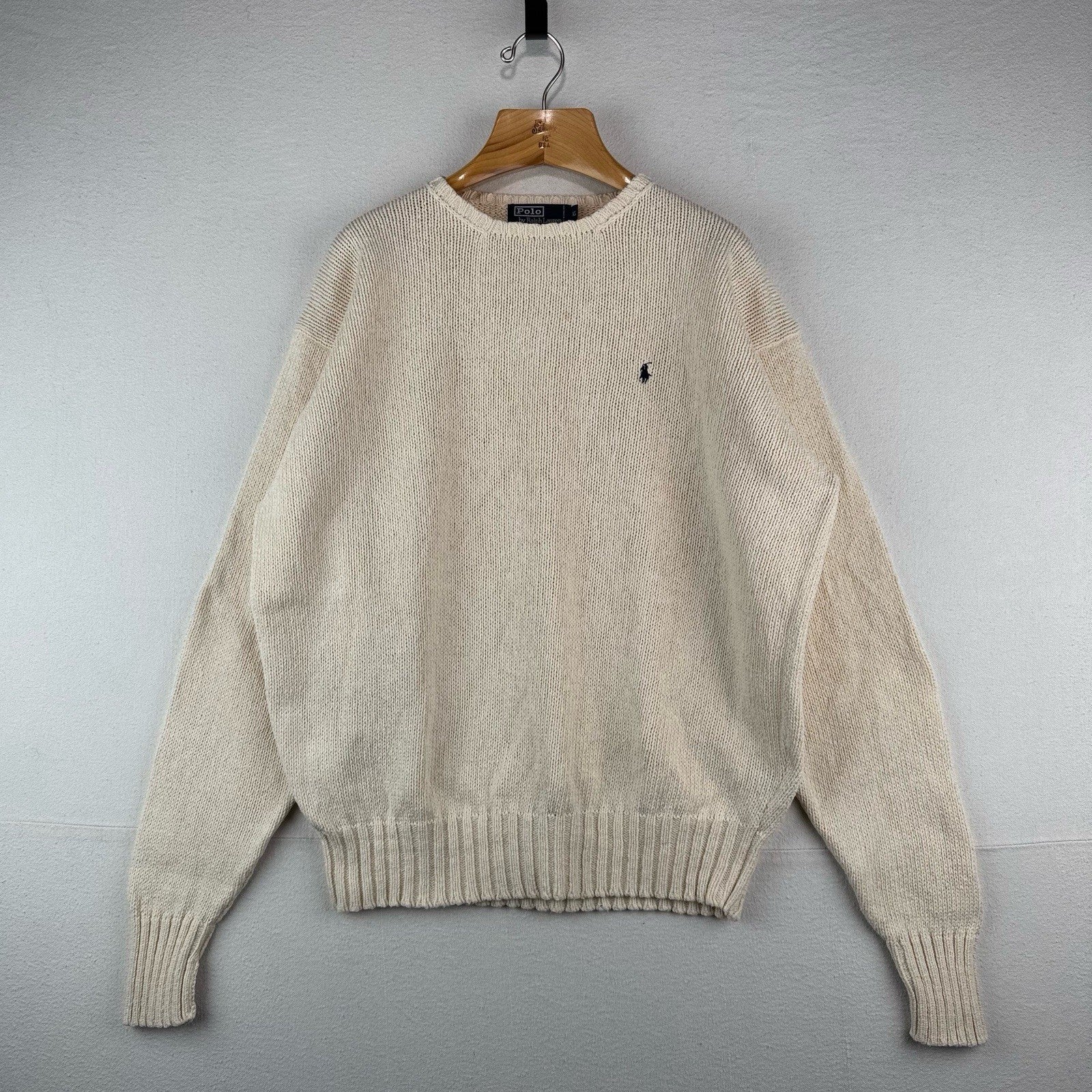 90’s Vtg Polo Ralph Lauren Sweater Men's XL Cream 100% Cotton Crewneck Navy Pony