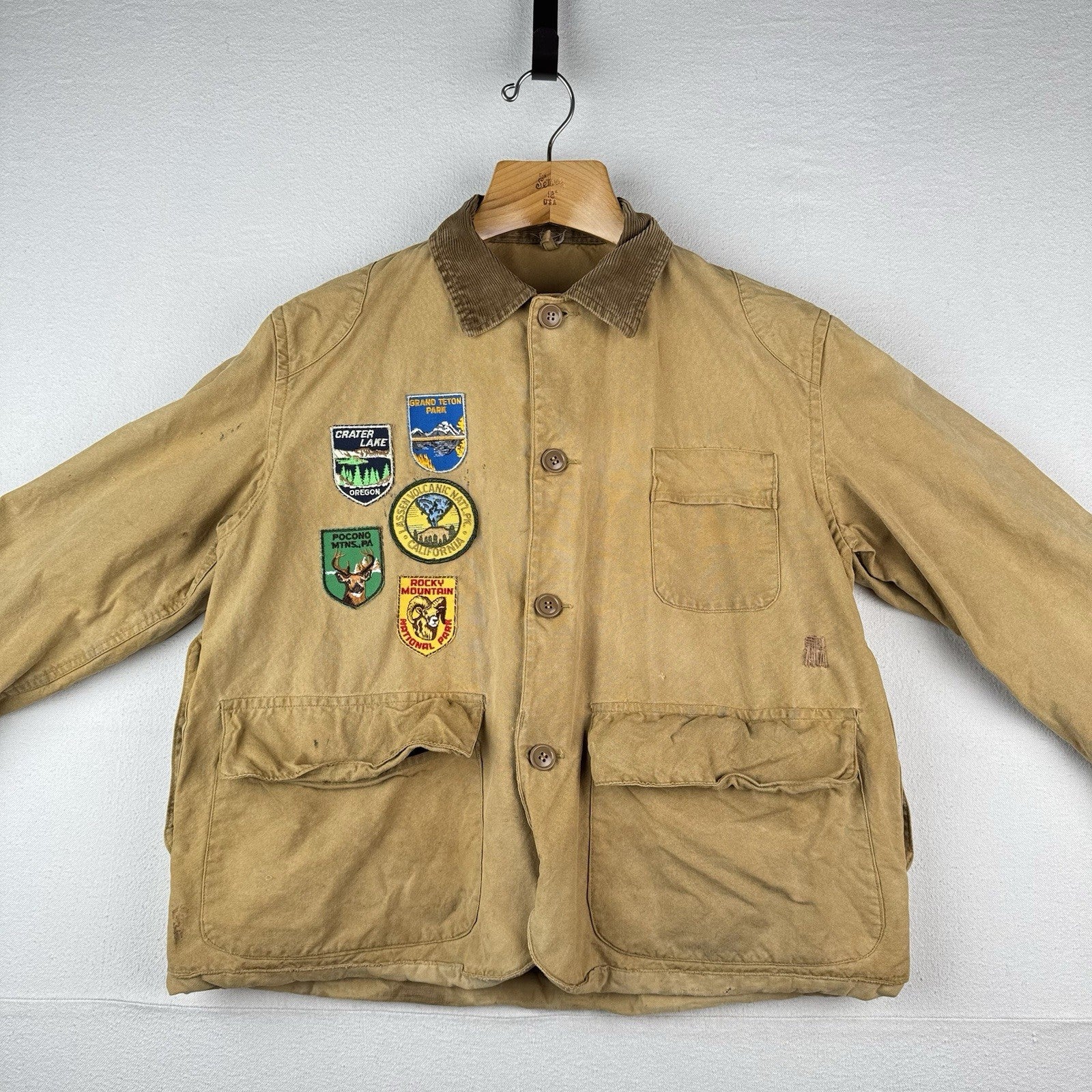 40s 50’s Vtg Hetterick Mfg Co Hunting Jacket Chore Coat Patches 46” USA *Read