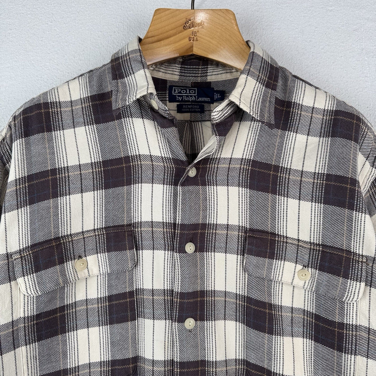 Vintage Ralph Lauren Shirt Mens L Brown Plaid Benford Flannel Cotton *Read