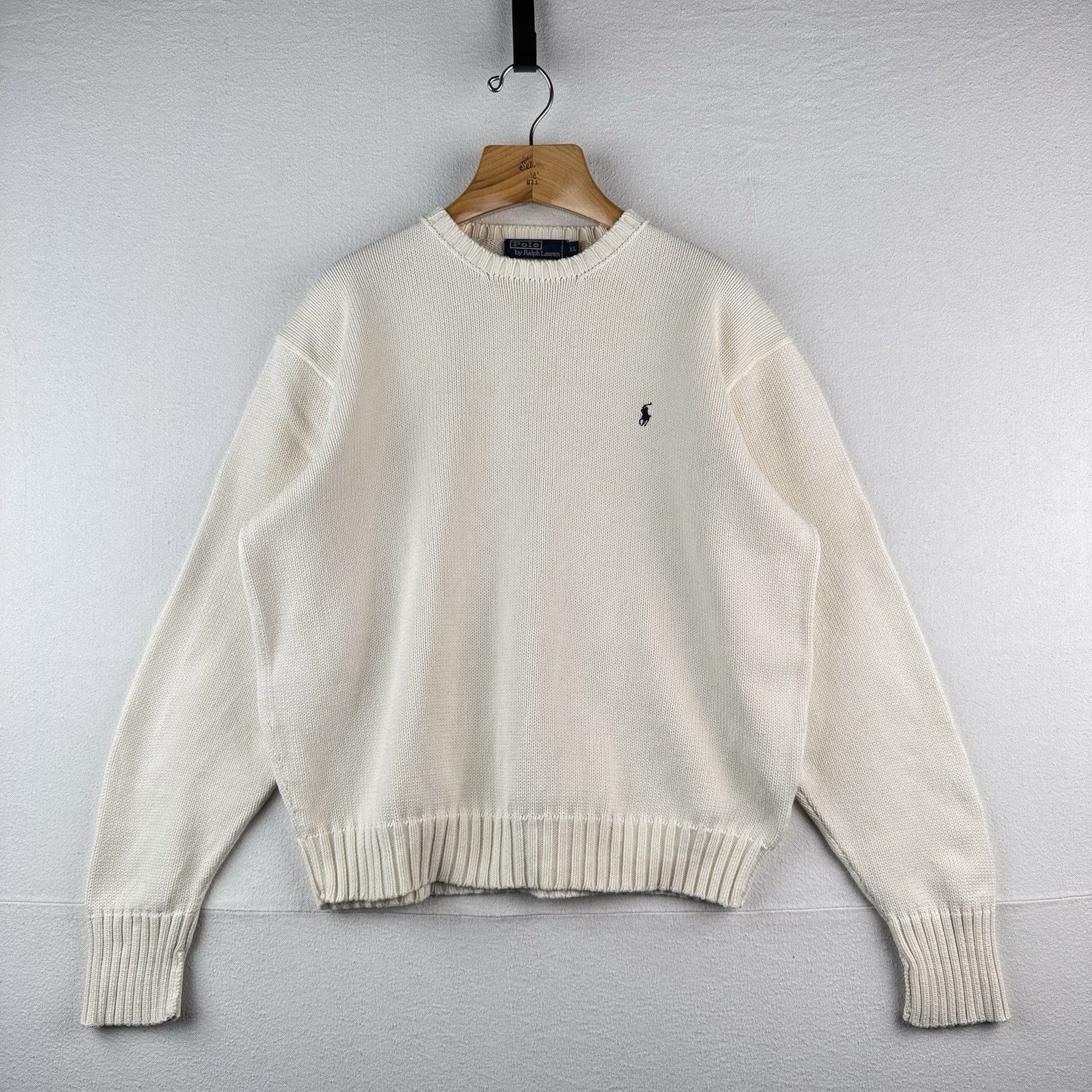 90’s Vtg Polo Ralph Lauren Sweater Men's XL Cream 100% Cotton Crewneck Navy Pony