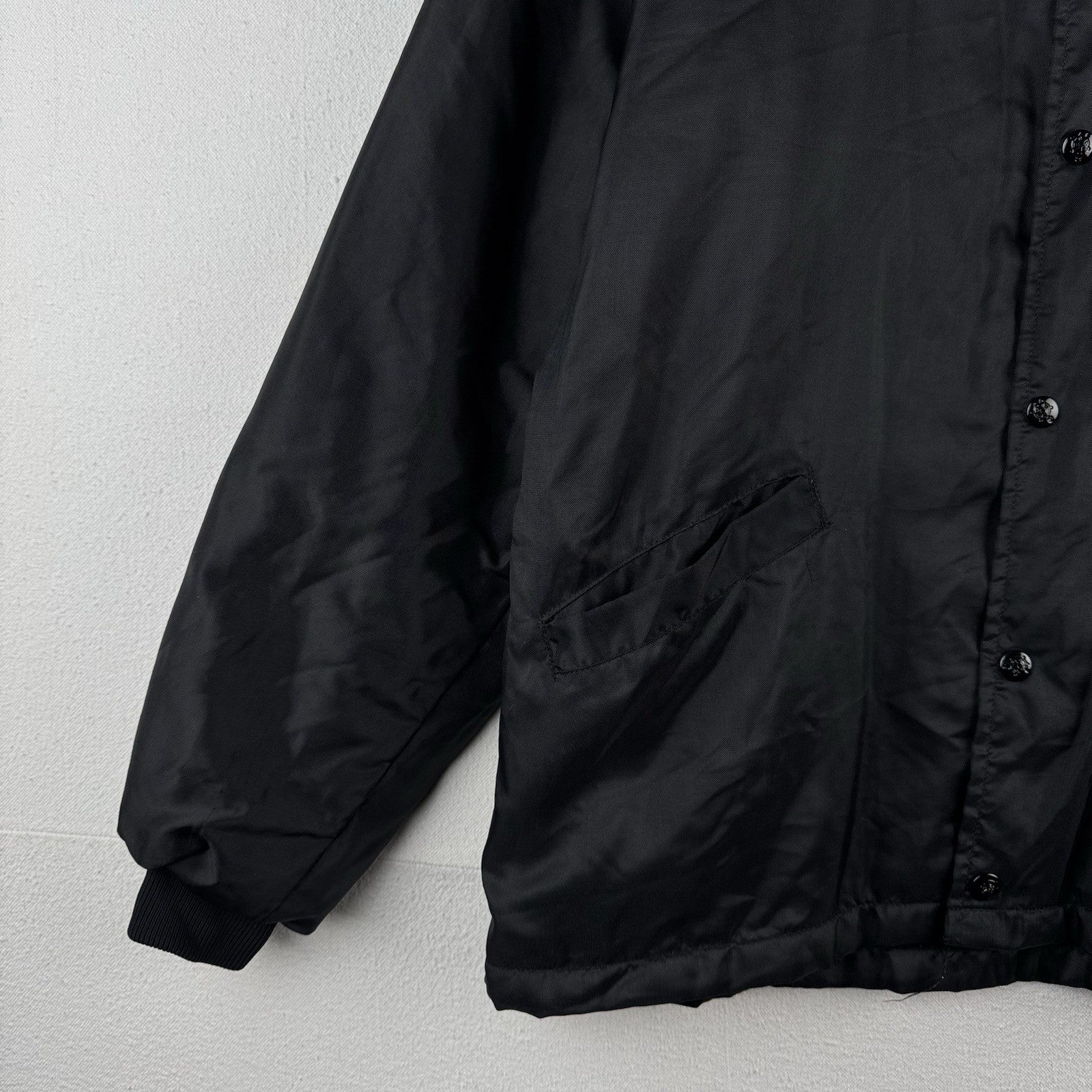 70's Vtg Parker Hannifin Fleece Lined Coach Jacket Chain Stitched "Carl" Black L