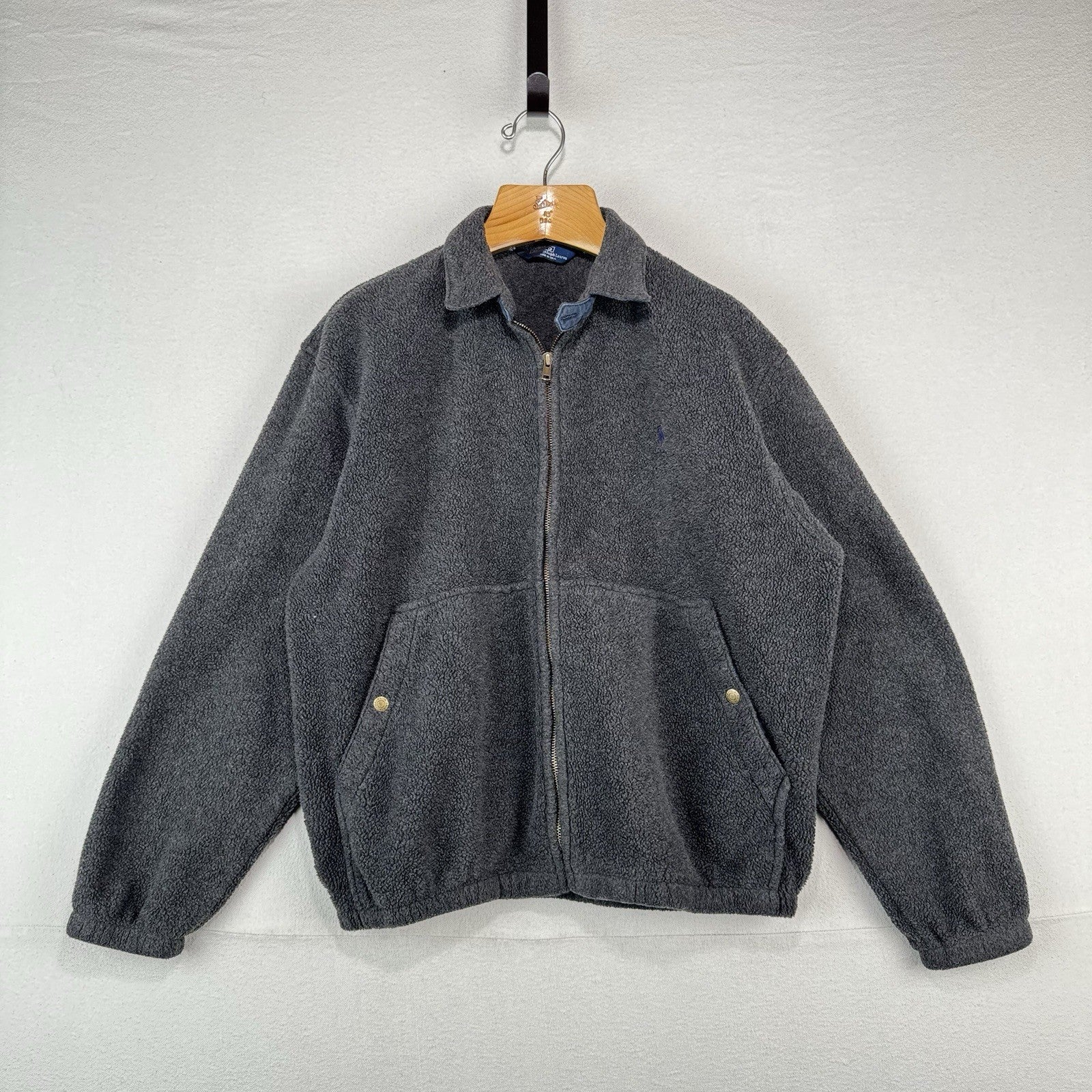 80’s Vtg Polo Ralph Lauren Men’s L Fleece Chin Strap Harrington Jacket Gray USA