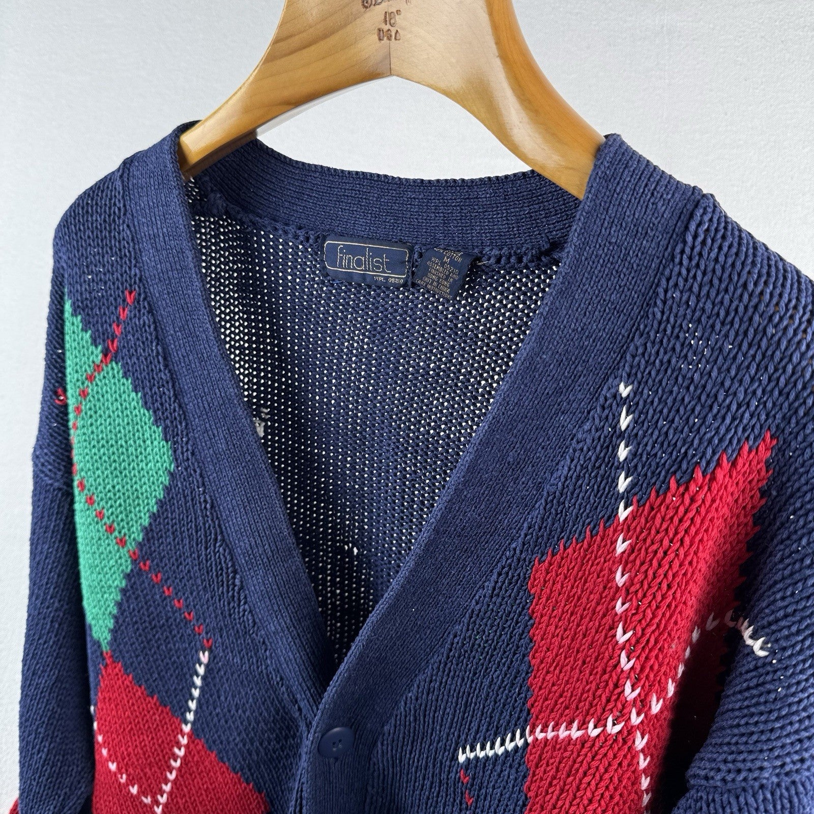 80’s Vintage Argyle Cardigan Sweater Blue Diamond Knit Unisex Medium