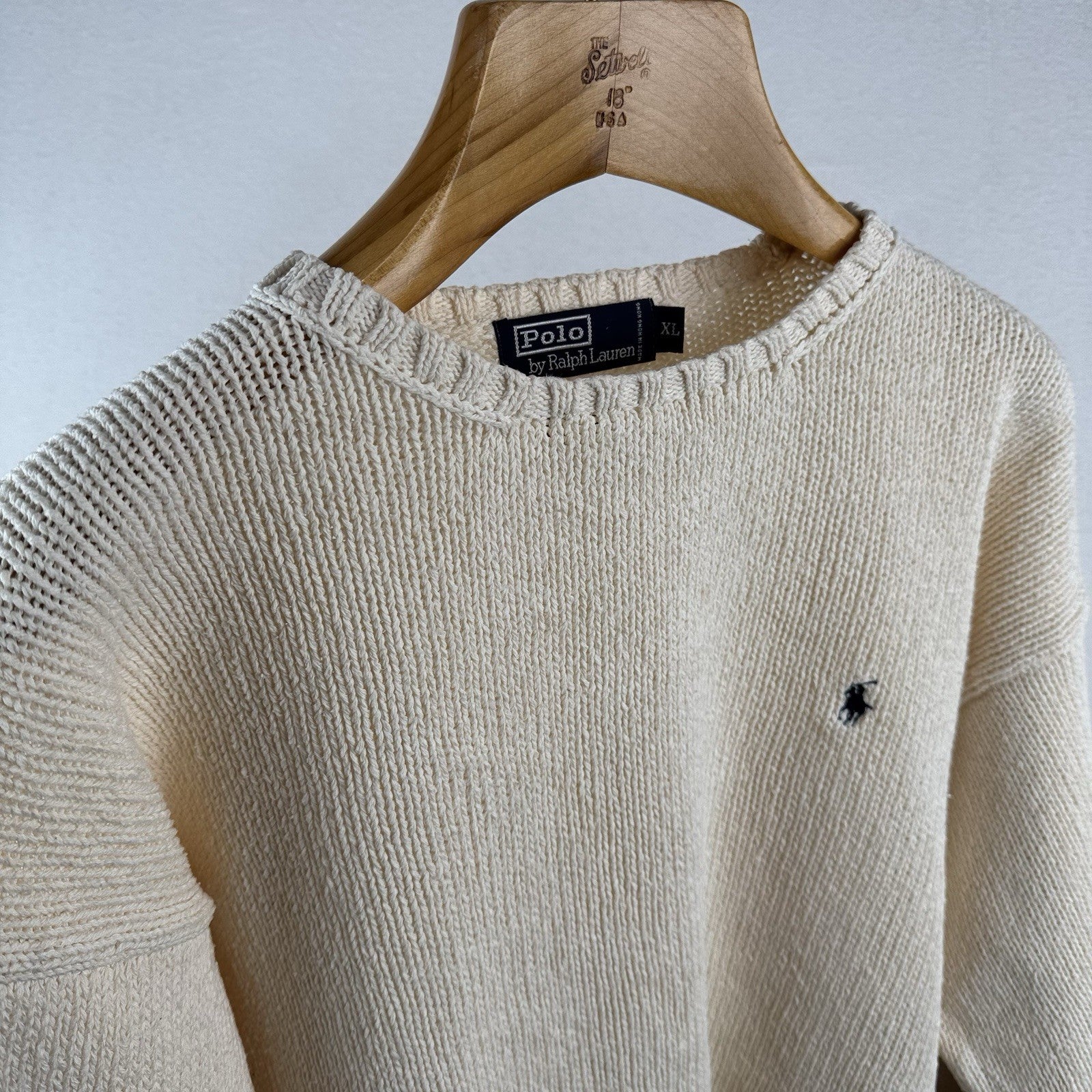 90’s Vtg Polo Ralph Lauren Sweater Men's XL Cream 100% Cotton Crewneck Navy Pony
