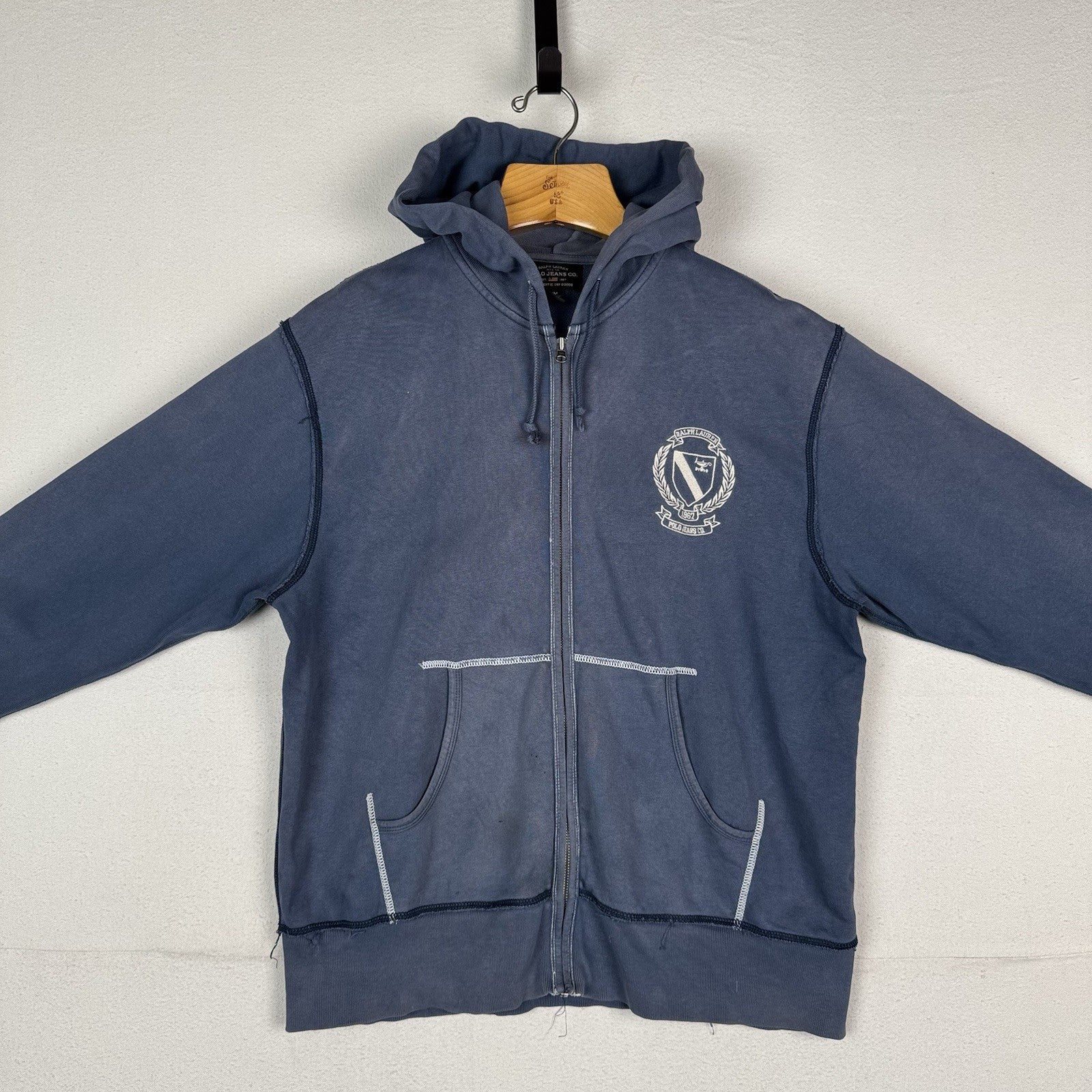 Vtg Ralph Lauren Polo Jeans Co Hoodie Sweatshirt Men's M Navy Crest *Sun Faded