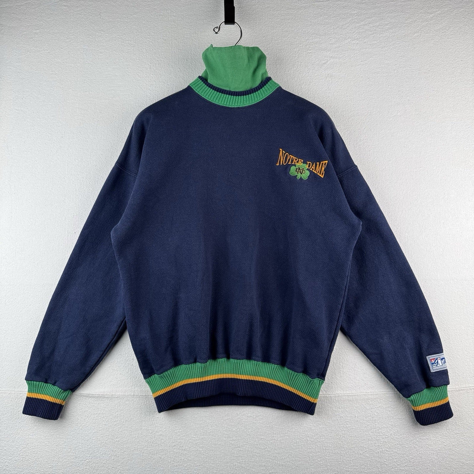 90’s Vintage Notre Dame Fighting Irish Sweatshirt Mens L Blue Green Mock Neck