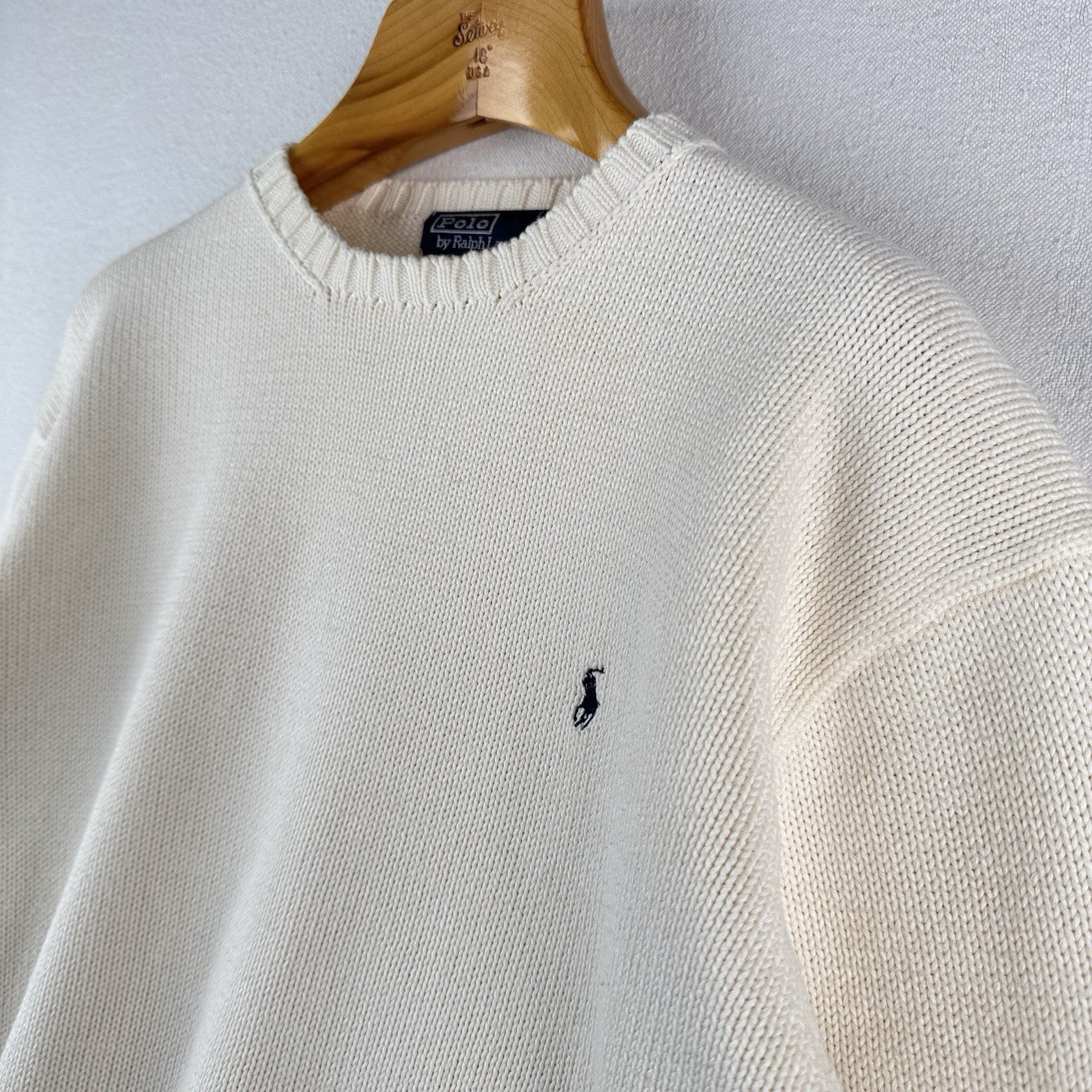 90’s Vtg Polo Ralph Lauren Sweater Men's XL Cream 100% Cotton Crewneck Navy Pony