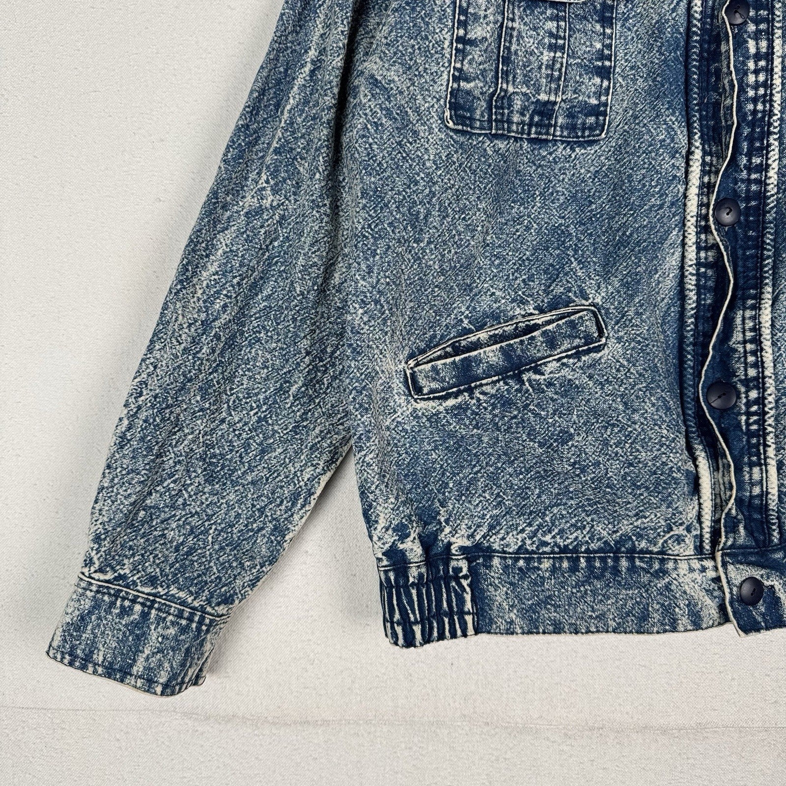 Vintage 80’s Chai Denim Jacket Unisex Medium Acid Wash Quilted Shoulders Straps