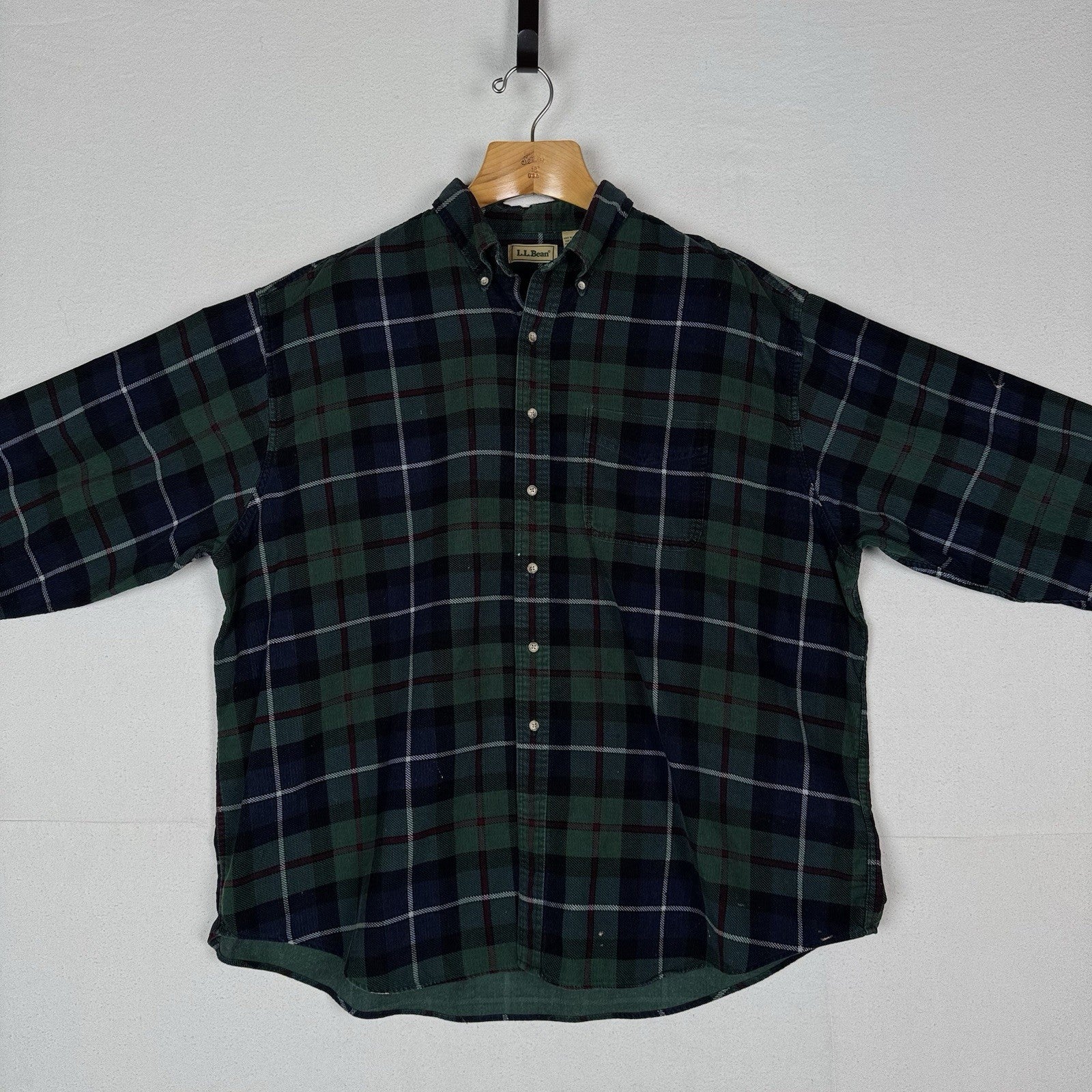 LL Bean Corduroy Blue Green Plaid Men’s 2XL Work Chore Shirt *Lightly Distressed