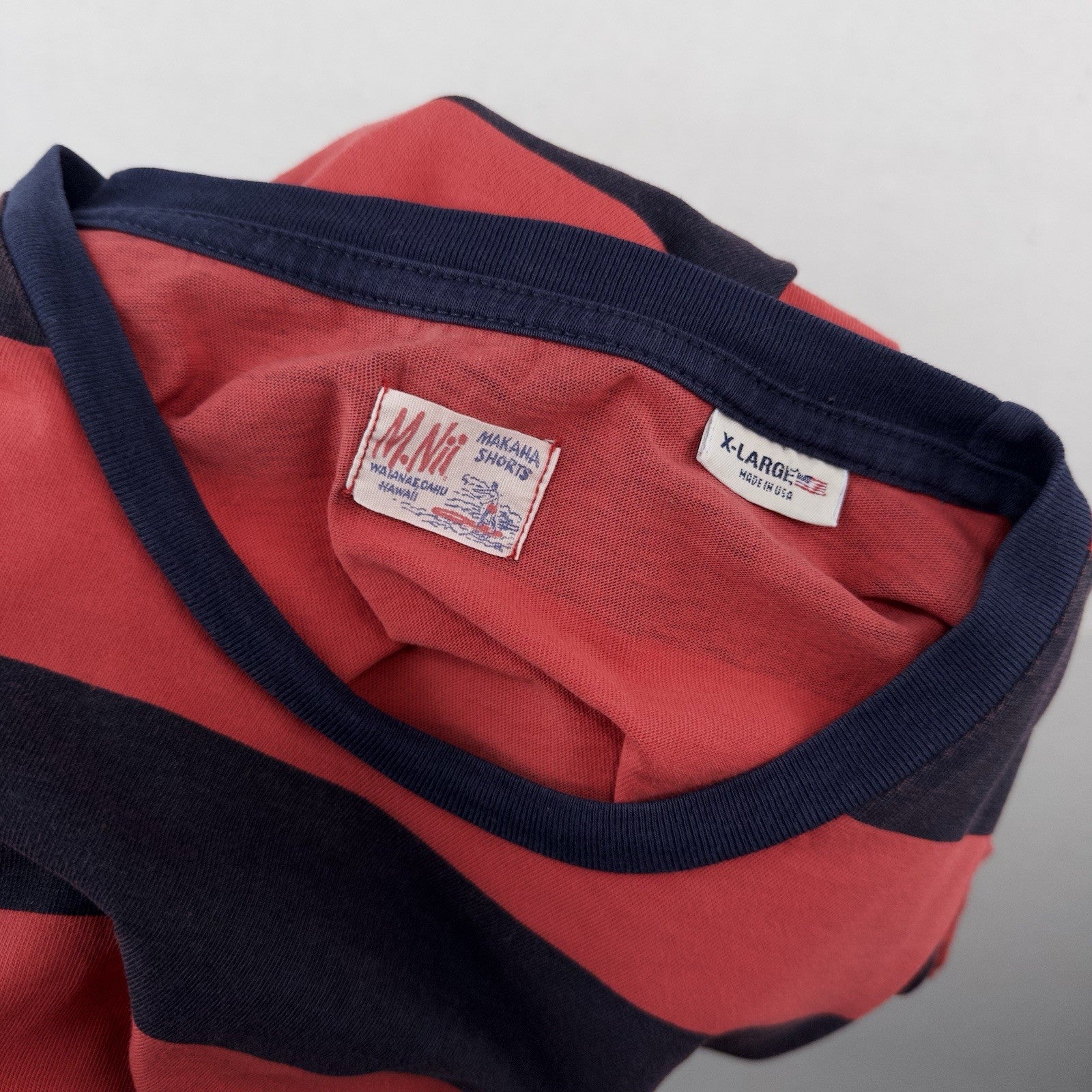 M.Nii Surf Pocket T-shirt Men’s XL Red Blue Striped Short Sleeve Cotton Made USA